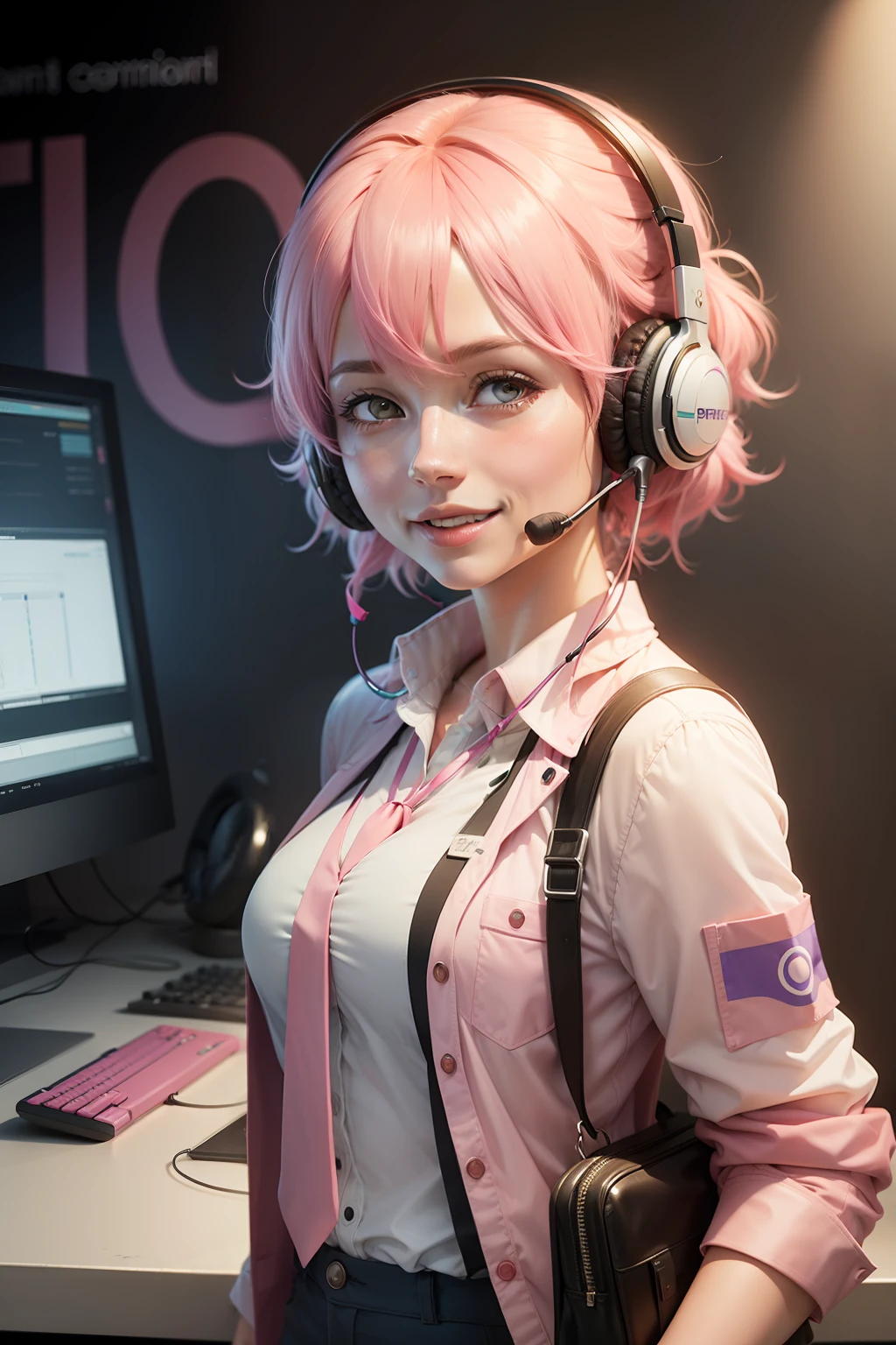 realistic happy customer service worker with headphones girl with pink hair