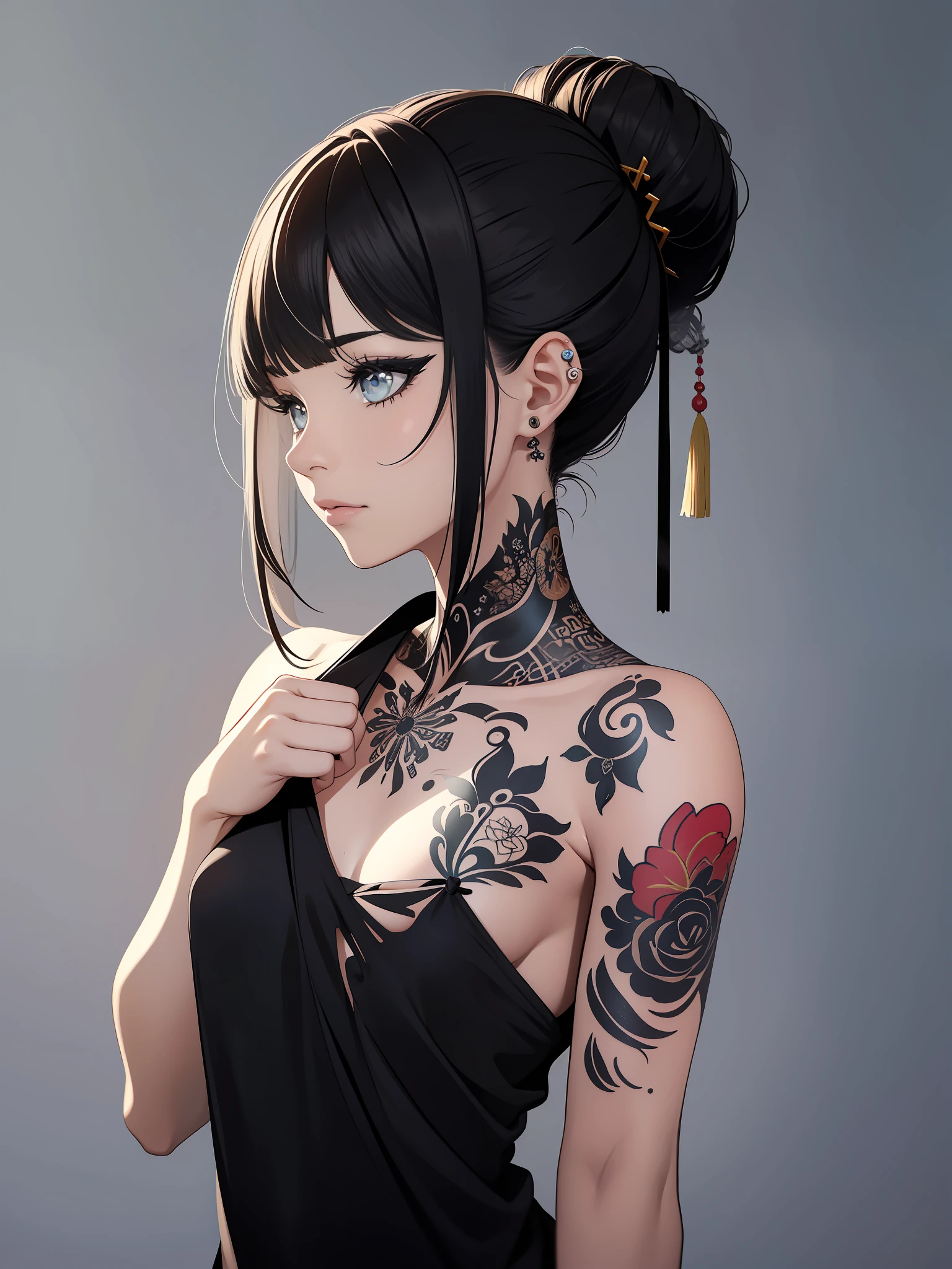 (obra-prima melhor qualidade: 1.4), 1girl, (Chinese text tattoo: 1.5), solo, flores de cabelo, cabelo longo, olhos azuis, olhando para o espectador, mid chest, tatuagem, cabelo preto, borla, ombros nus, mecha, franja, parte superior do corpo, brincos, dentro de casa, nuca, fora do ombro, joias, Cilia, labia, perfil, coque de cabelo, piercing, single hair bun, a geometric minimalist wolf forming a strings of dream catcher tattoo