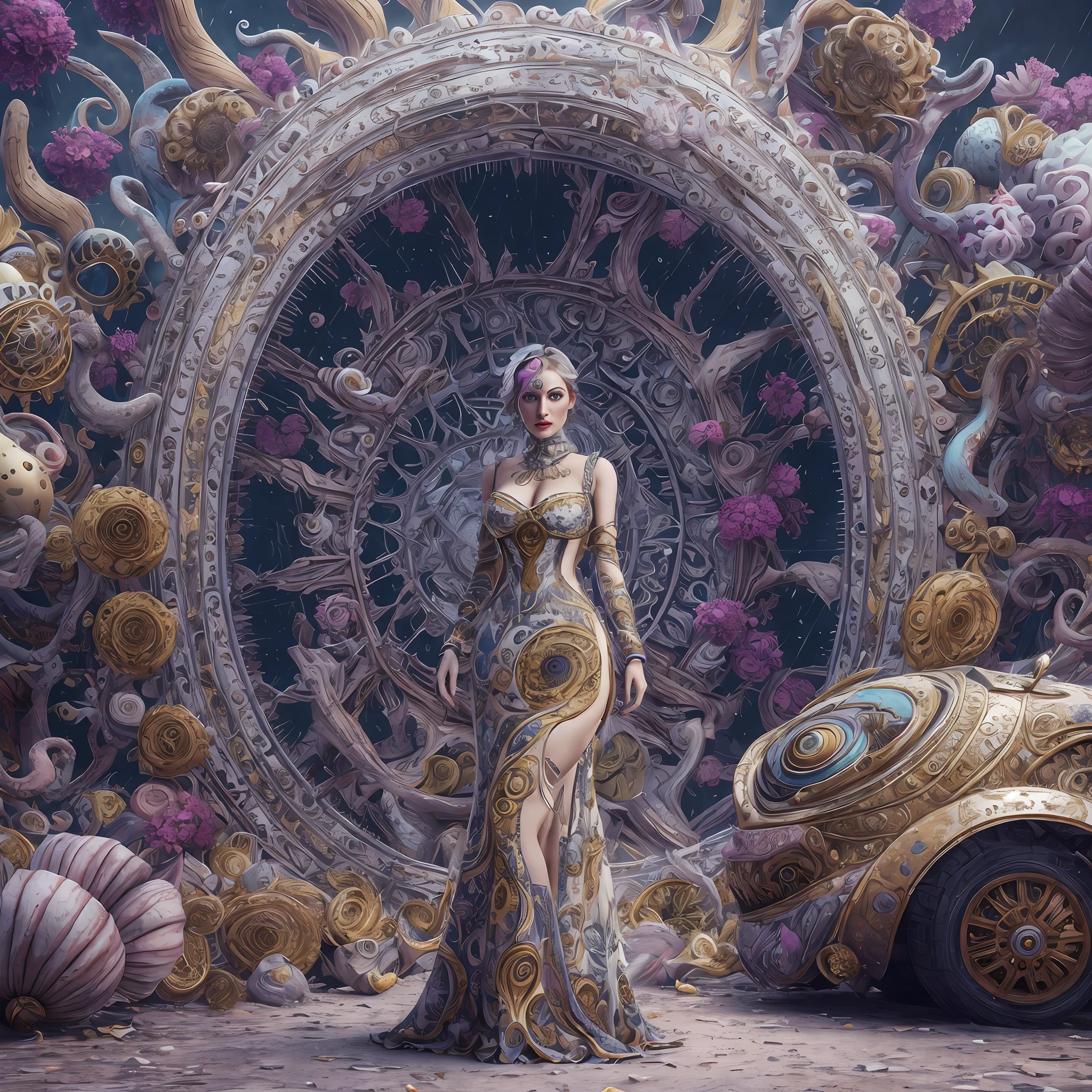 Wantz monster design,intriguing,High color saturation,swirles,Hyper-realistic, Ultra-detailed,Ultra-stereoscopic,MuCoi,Drip style - paint - 1900,tentaculata,round eye,Digital art by Ray Caesar and Hannah Hch and Stephen Burrows, A beautiful young woman in action pose, centered in frame, Wide shot, Lively breasts, Mask, Pop surrealism, neo-dada, Spectacular, spectacle, Masterpiece, Private collection, Featured collections, behans, a 3D render, Cracked clay, Gothic, Bright colors, Supersaturation, Depth, spirals, fibonacci sequence, shells, Flowers, gear wheel, tunnel, surreal environment, Fractal geometry, game assets, City scene, Modern makeup, Long eyelashes, Rain drops, Chiffon dress, Rococo, bangle, Punk rock, Subversive art, Dirty, Dirt, Skiff, Mid-cut jeans, Specular highlights, Pondering, ambient occlusion render, Detailed, Parade Square, ((isoline)), armature, Detailed, elaborate, complex, Desert, Mountains, Cart, The Car, Stormy sky, Moonlight