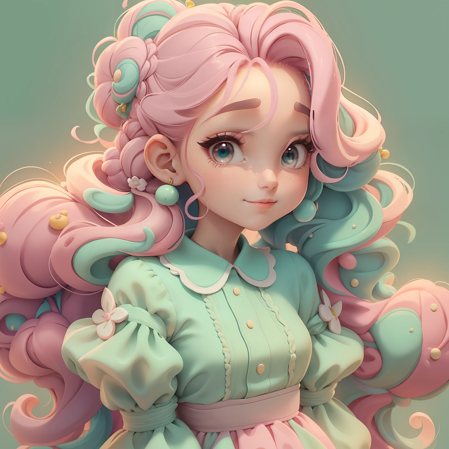 menina Lodo, (Lodo), Slime hair Penteado duplo buns estilo de cabelo, Rosa Morango, Vestido branco da princesa com cinto da arma, master part, best quality