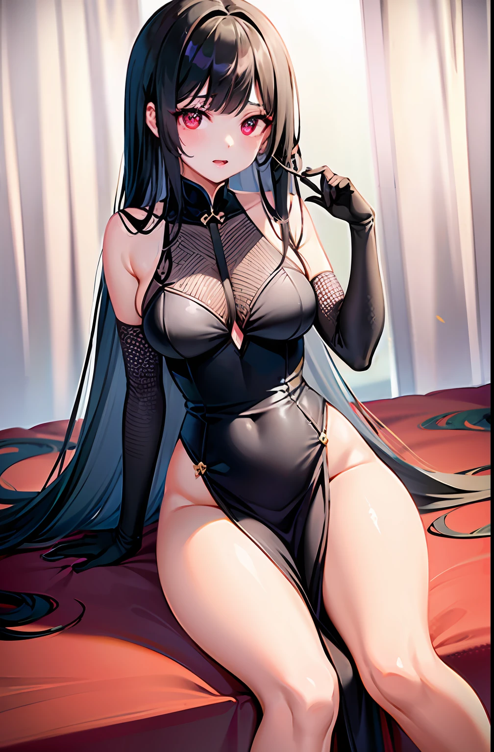 Una atractiva mujer joven, aspecto de , de largo cabello blanco plateado y ojos rojos con pupilas oscuras, pale-skin, rostro detallado, con cuernos de carnero y una cola ,pechos enormes , demonio, She wore a black Chinese dress with gold patterns, erotic.