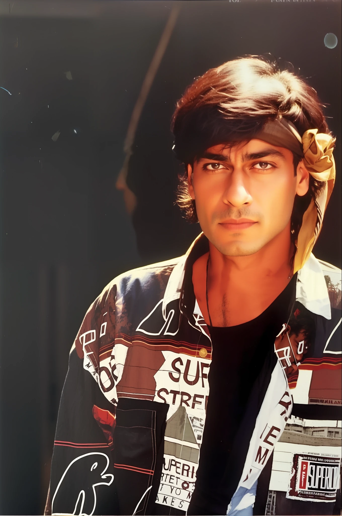 arafed man with a bandana on his head and a shirt on, in 1 9 9 5, 1 9 9 3 photo from life magazine, clothed.1990s, taken in the early 1990s, 1 9 8 9 movie still, wearing a kurta, shah rukh khan, stylish pose, 1990s fashion