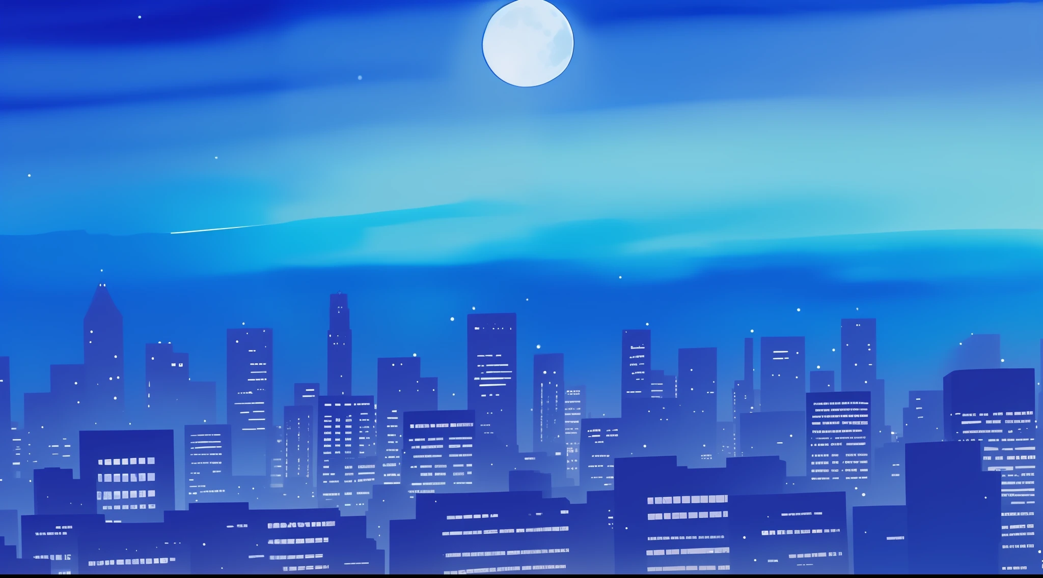 One woman looking at city at night illuminated by fantastic cobalt blue neon lights from the roof of a building, moon, watercolor painting