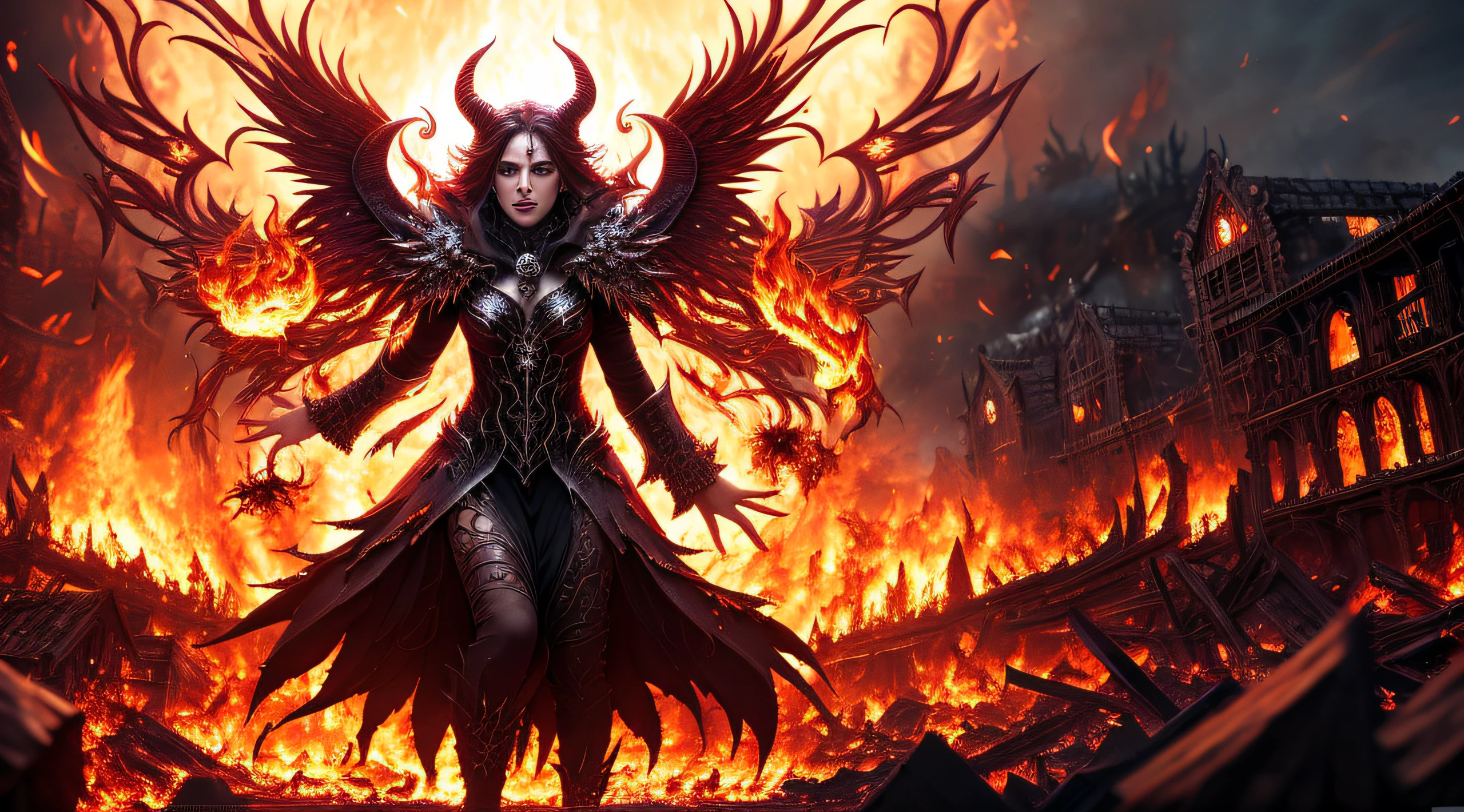 (extremely detailed 8k wallpaper)+, a medium shot photo of a demonic sorceress conjuring fire in a burning and destroyed village, Intricate, High Detail, dramatic, best quality masterpiece, photorealistic, detailed, 8k, HDR, backlighting, bloom, light sparkles, chromatic aberration, sharp focus