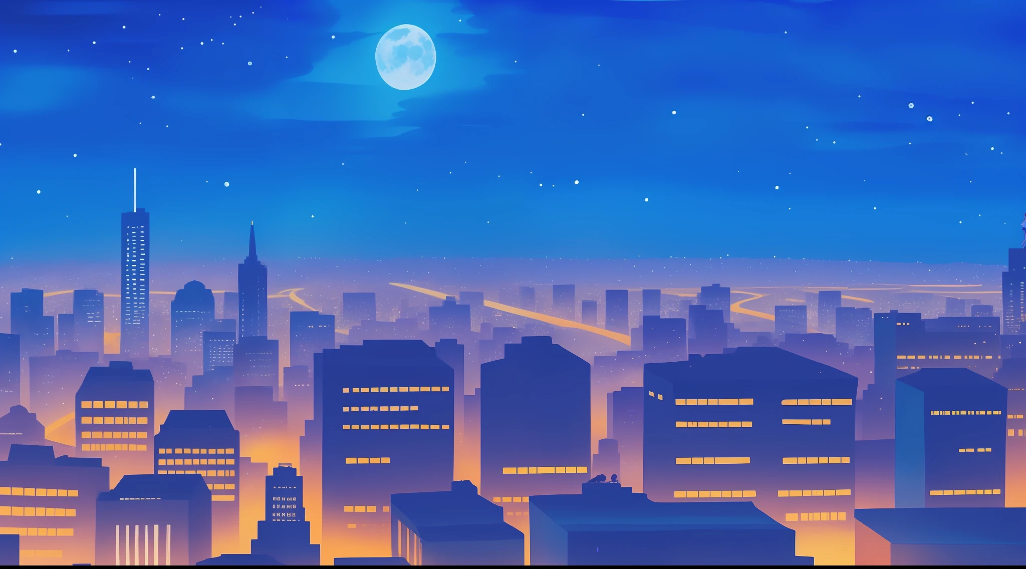 One woman looking at city at night illuminated by fantastic cobalt blue neon lights from the roof of a building, moon, watercolor painting