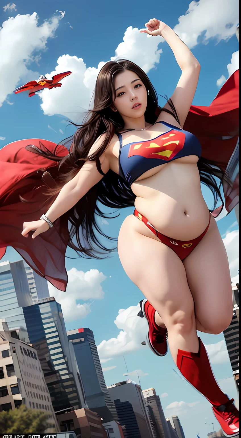 ((Top Quality, 8K, Masterpiece: 1.3)), Incredibly Cute Beauty, 1 girl, full body, long black hair, super plump boobs, boobs, wearing superman clothes, flying in the air, the sky is cloudy bright, the sun is shining,