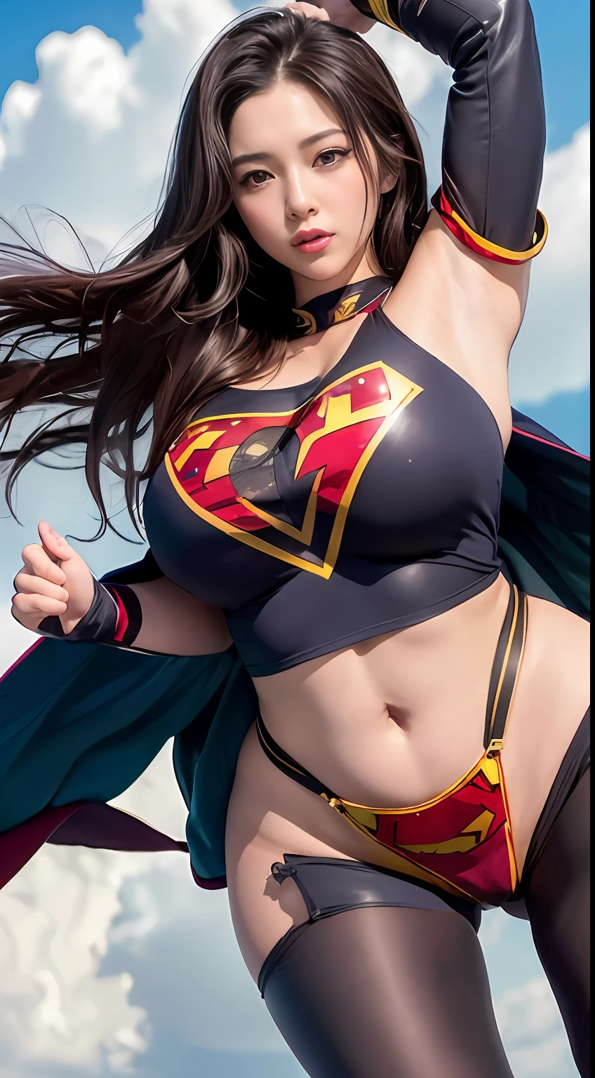 ((Top Quality, 8K, Masterpiece: 1.3)), Incredibly Cute Beauty, 1 girl, full body, long black hair, super plump boobs, boobs, wearing superman clothes, flying in the air, the sky is cloudy bright, the sun is shining,