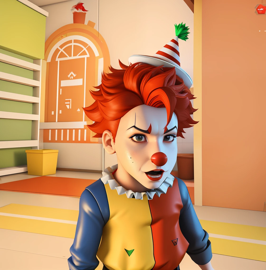 desenhado como anime, Angry cartoon boy with red hair and a clown hat in, Penteado vermelho Ronald McDonald, Avatar do Second Life, avatar Roblox, Avatar de videogame, Cabelo vermelho de Ronald McDonald, Anime estilo 3D, Captura de tela do jogo Life Simulator, bryce 3 d estilo, 3D estilizado, wearing a party hat, Captura de tela do videogame>, Estilo Pennywise, videogame ainda, Personagem 3D