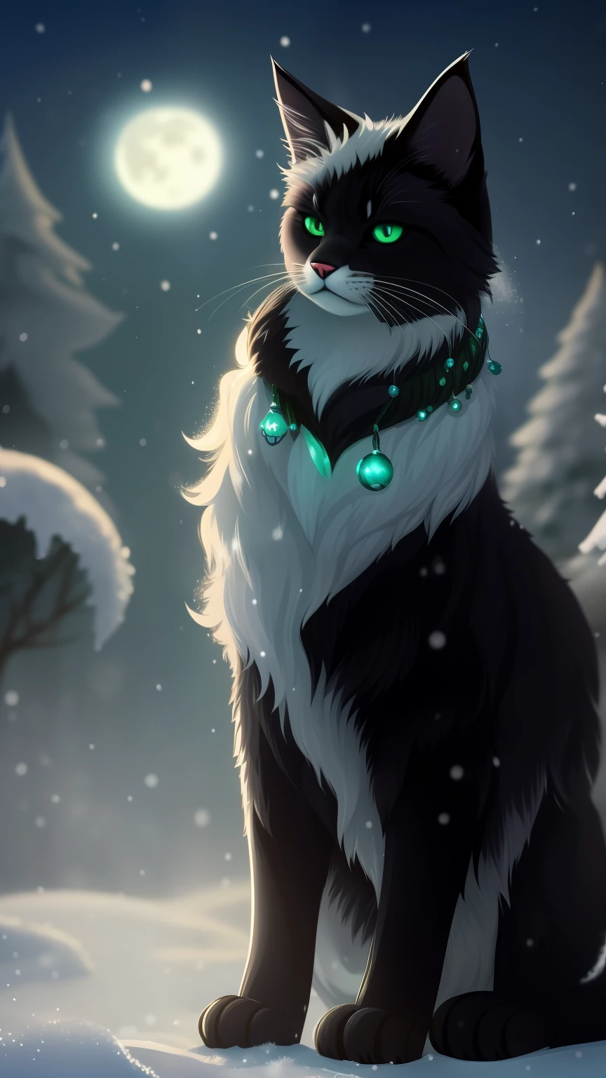 A cute black frosty cat frost upon his fur and paws with curly black mustache and goatee , deep green eyes, deep in the frosty snow of winter, silky blue collar, blowing snow, snowy haze, a full moon, a deep river, and a mysterious image. It's night but it's bright green fur bows of the night forest.