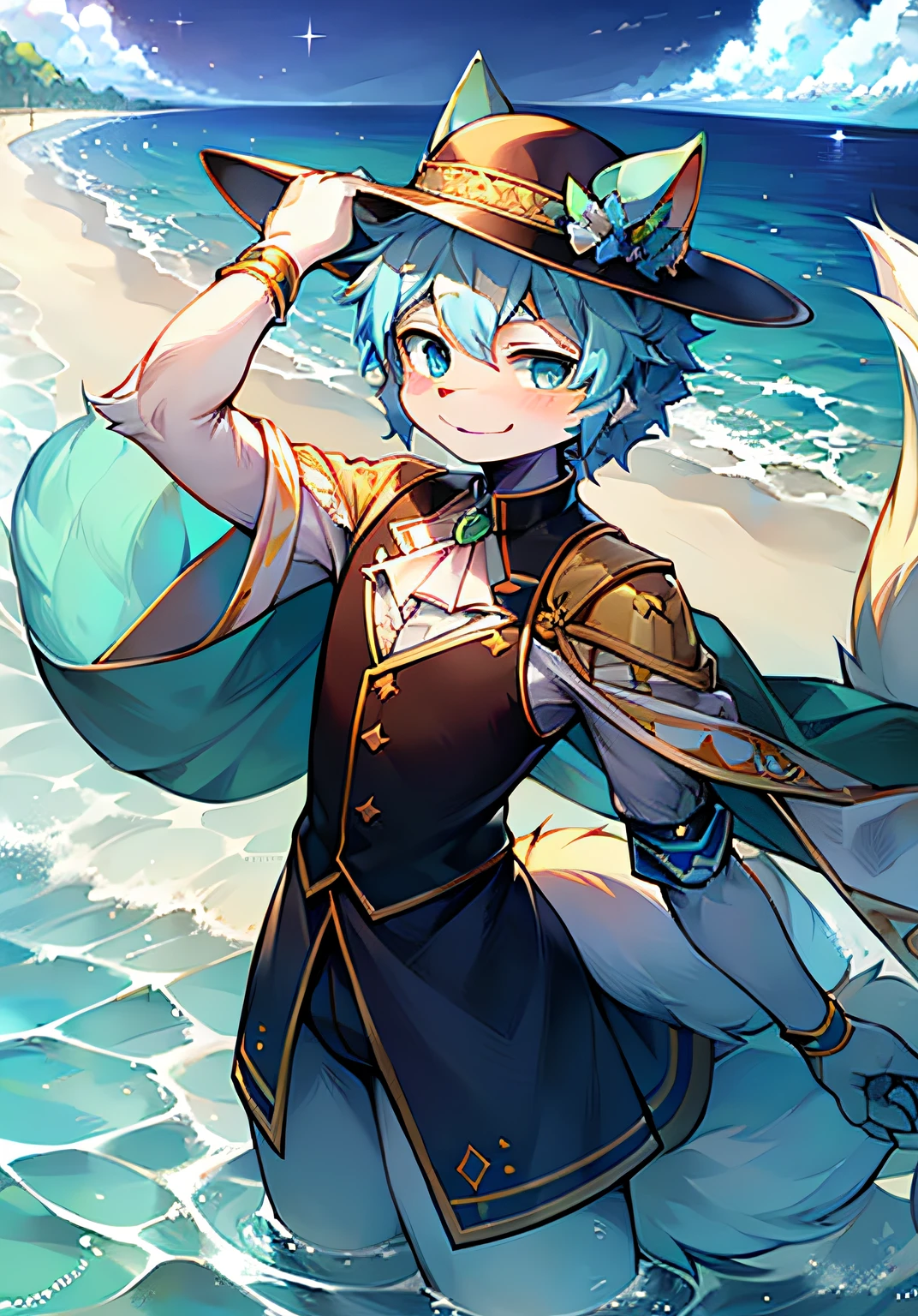 Full Body Furry, Fluffy tail, Green-white fur lemon，the ocean，Sparkling water，is shy，posing on a，Anime boy in uniform，Blue eyes and hat, sakimichan, roguish smirk, crisp clear rpg portrait, [[[[grinning evily]]]], Also, Avatar image, Stylized anime, Kawaii portrait detailed anime soft face