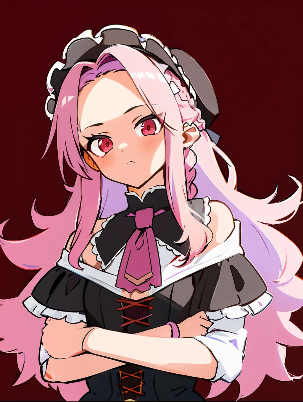 masterpiece, (best quality:1.3), sharp focus, absurdres, ++, 1girl, solo, fantasy, light purple hair, very long hair, curly hair, french braid, single sidelock, forehead, red eyes, pink eyes, multicolored eyes, small chest, flat chest, loli, victorian dress, black dress, black corset, neckwear, off-shoulder dress, frills, dollgirl, doll joints, ++, tilted head, detailed hands, standing, crossing arms, arms crossed, tsundere, walking, looking at viewer, dungeon background, in a dungeon, cold, neutral