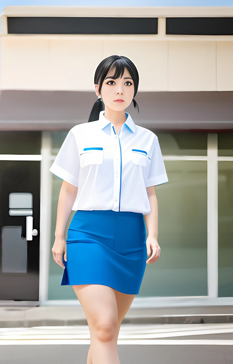 short ponytail , convenience store uniforms, (black hair), a woman in a white shirt and blue skirt, face viewer, walk ,4K,detailed