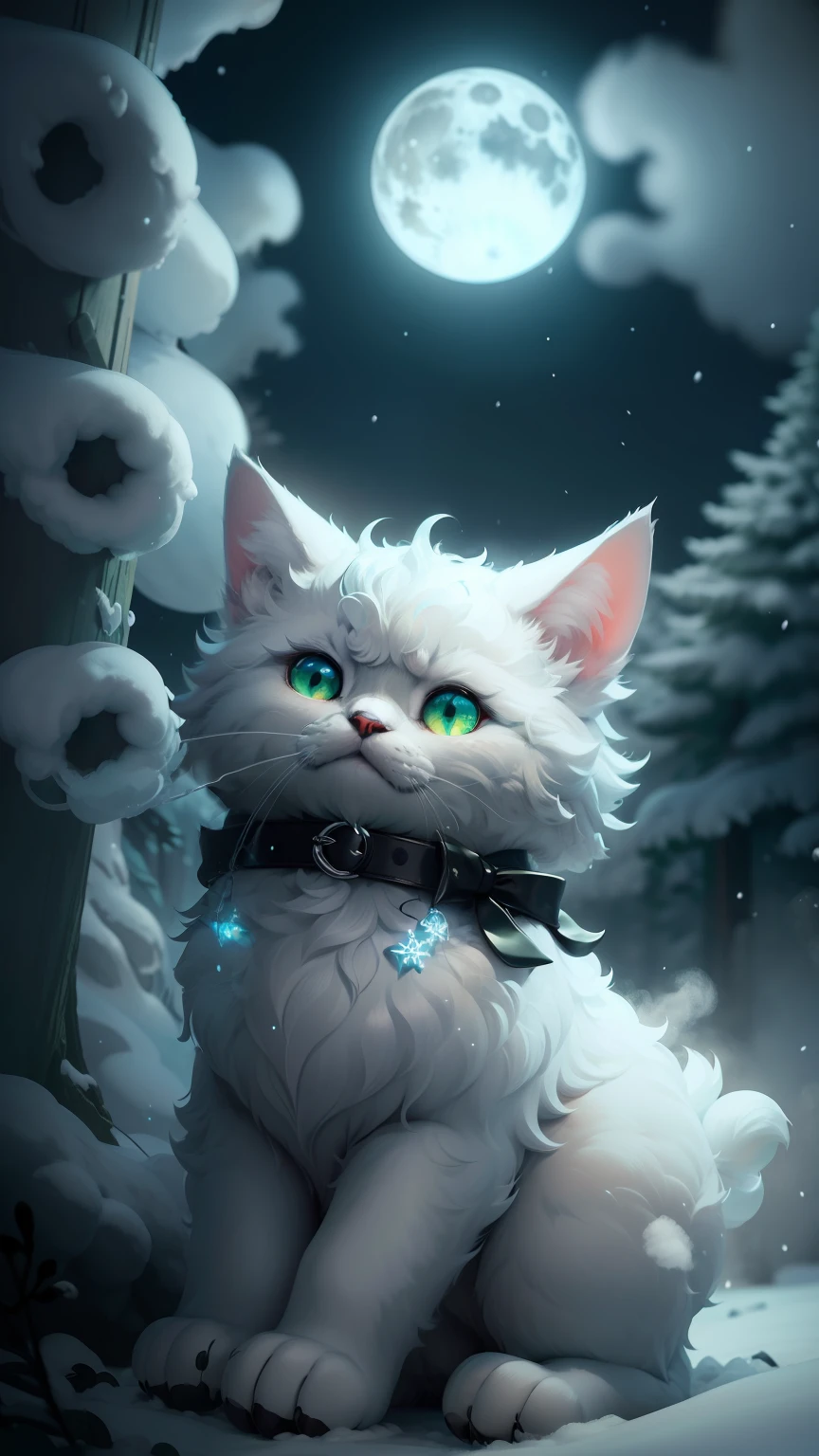 A cute black frosty cat frost upon his fur and paws with curly black mustache and goatee , deep green eyes, deep in the frosty snow of winter, silky blue collar, blowing snow, snowy haze, a full moon, a deep river, and a mysterious image. It's night but it's bright green fur bows of the night forest.