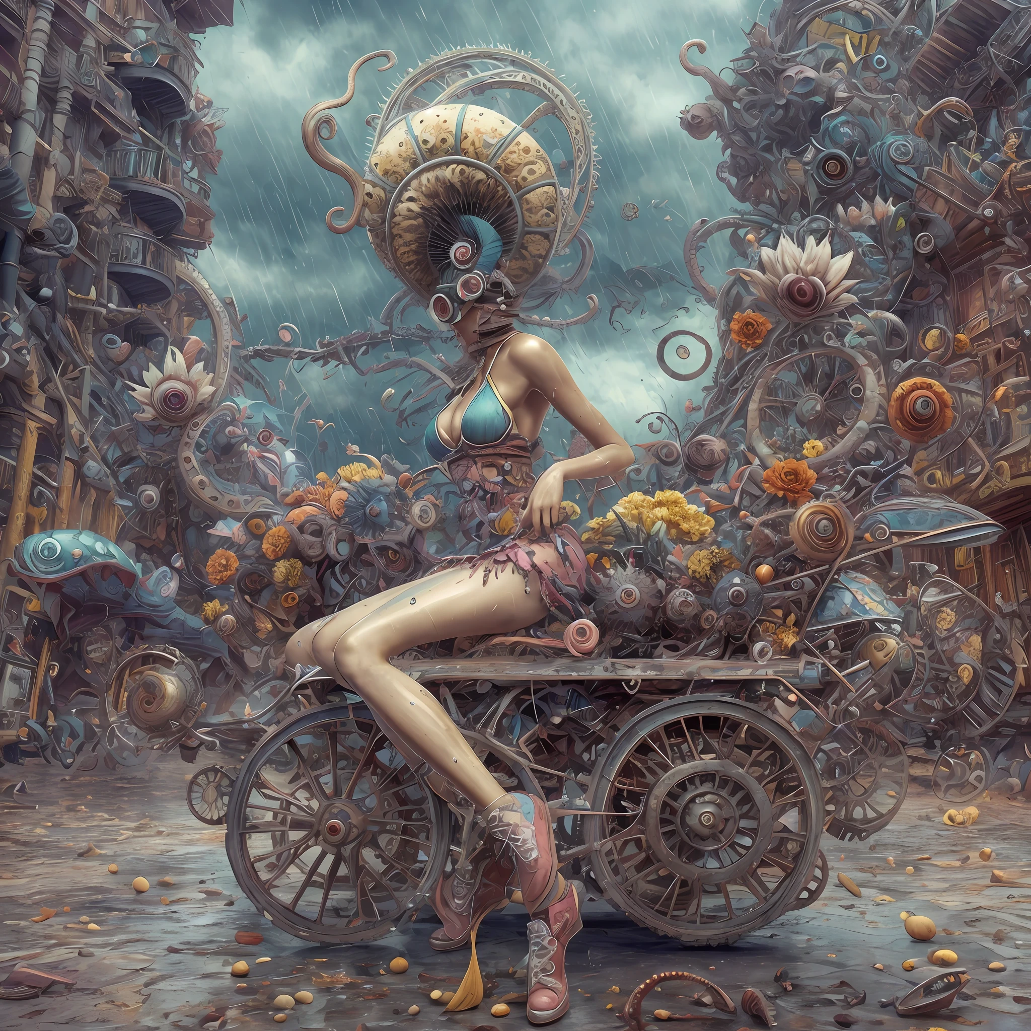 Wantz monster design,intriguing,High color saturation,swirles,Hyper-realistic, Ultra-detailed,Ultra-stereoscopic,MuCoi,Drip style - paint - 1900,tentaculata,round eye,Digital art by Ray Caesar and Hannah Hch and Stephen Burrows, A beautiful young woman in action pose, centered in frame, Wide shot, Lively breasts, Mask, Pop surrealism, neo-dada, Spectacular, spectacle, Masterpiece, Private collection, Featured collections, behans, a 3D render, Cracked clay, Gothic, Bright colors, Supersaturation, Depth, spirals, fibonacci sequence, shells, Flowers, gear wheel, tunnel, surreal environment, Fractal geometry, game assets, City scene, Modern makeup, Long eyelashes, Rain drops, Chiffon dress, Rococo, bangle, Punk rock, Subversive art, Dirty, Dirt, Skiff, Mid-cut jeans, Specular highlights, Pondering, ambient occlusion render, Detailed, Parade Square, ((isoline)), armature, Detailed, elaborate, complex, Desert, Mountains, Cart, The Car, Stormy sky, Moonlight