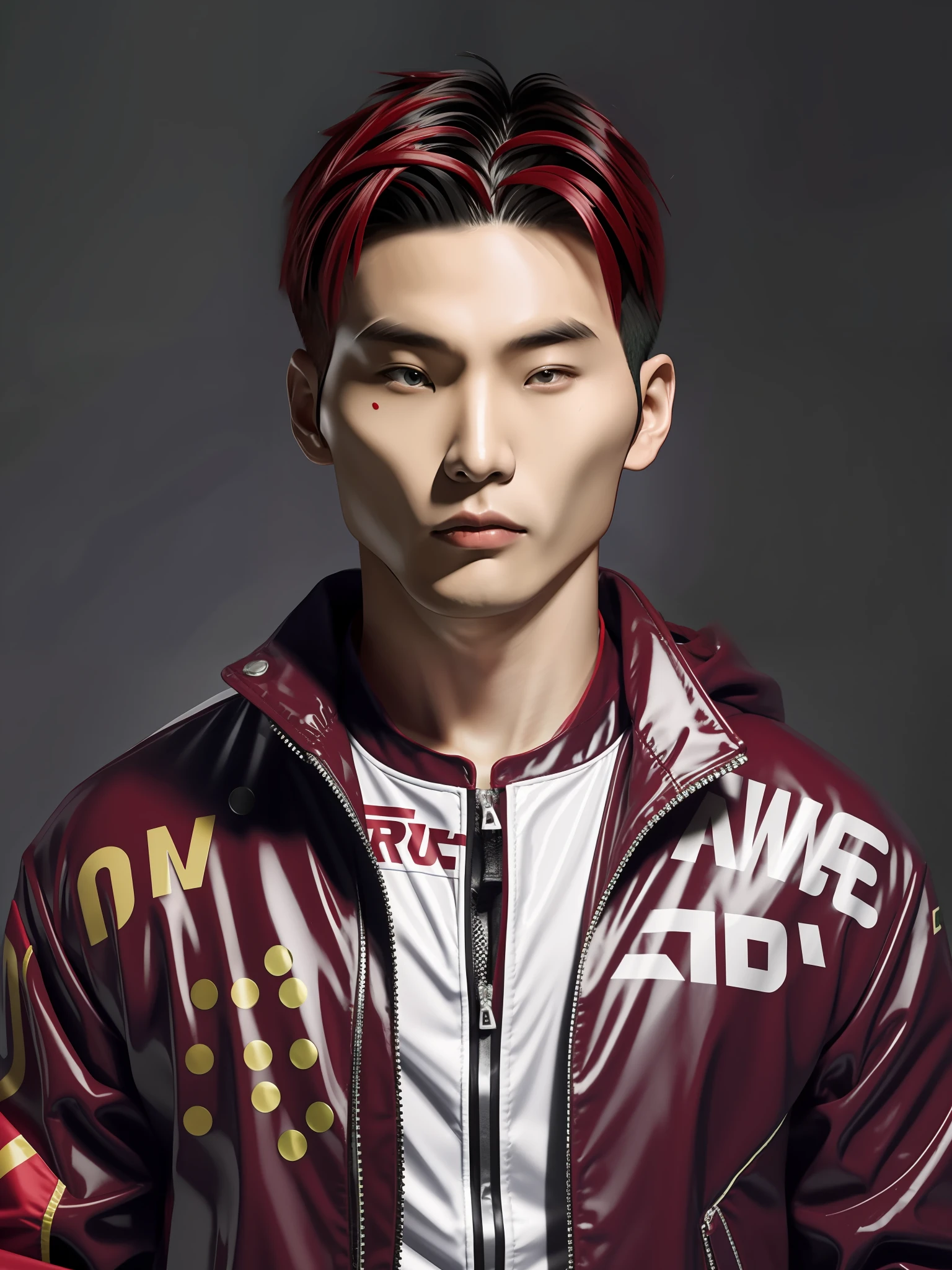A Chinese male high school student，PVC red racing suit，Green middle hair