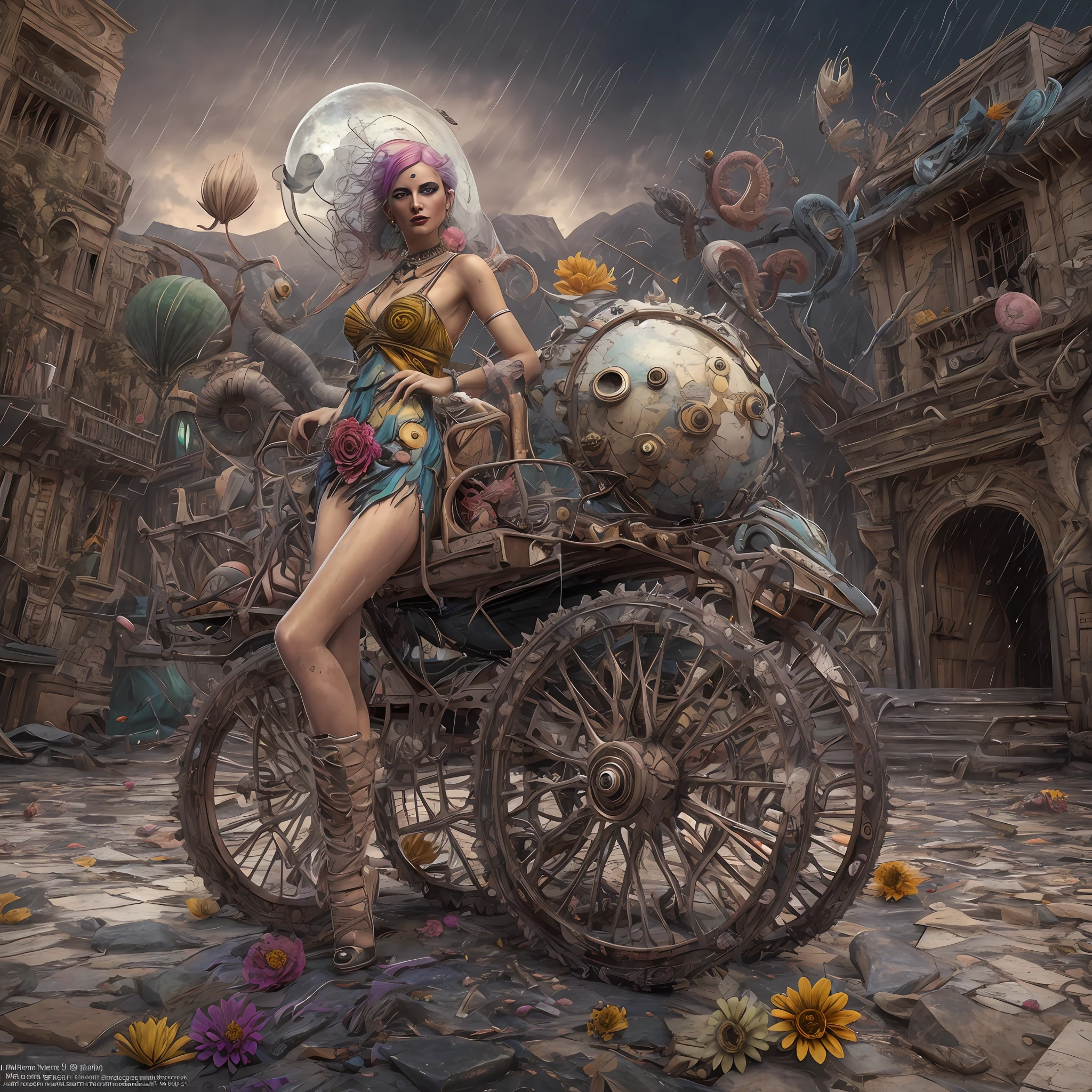 Wantz monster design，intriguing，High color saturation，swirles，Hyper-realistic, Ultra-detailed，Ultra-stereoscopic，MuCoi，Drip style - paint - 1900，tentaculata，round eye，Digital art by Ray Caesar and Hannah Hch and Stephen Burrows, A beautiful young woman in action pose, centered in frame, Wide shot, Lively breasts, Mask, Pop surrealism, neo-dada, Spectacular, spectacle, Masterpiece, Private collection, Featured collections, behans, a 3D render, Cracked clay, Gothic, Bright colors, Supersaturation, Depth, spirals, fibonacci sequence, shells, Flowers, gear wheel, tunnel, surreal environment, Fractal geometry, game assets, City scene, Modern makeup, Long eyelashes, Rain drops, Chiffon dress, Rococo, bangle, Punk rock, Subversive art, Dirty, Dirt, Skiff, Mid-cut jeans, Specular highlights, Pondering, ambient occlusion render, Detailed, Parade Square, ((isoline)), armature, Detailed, elaborate, complex, Desert, Mountains, Cart, The Car, Stormy sky, Moonlight