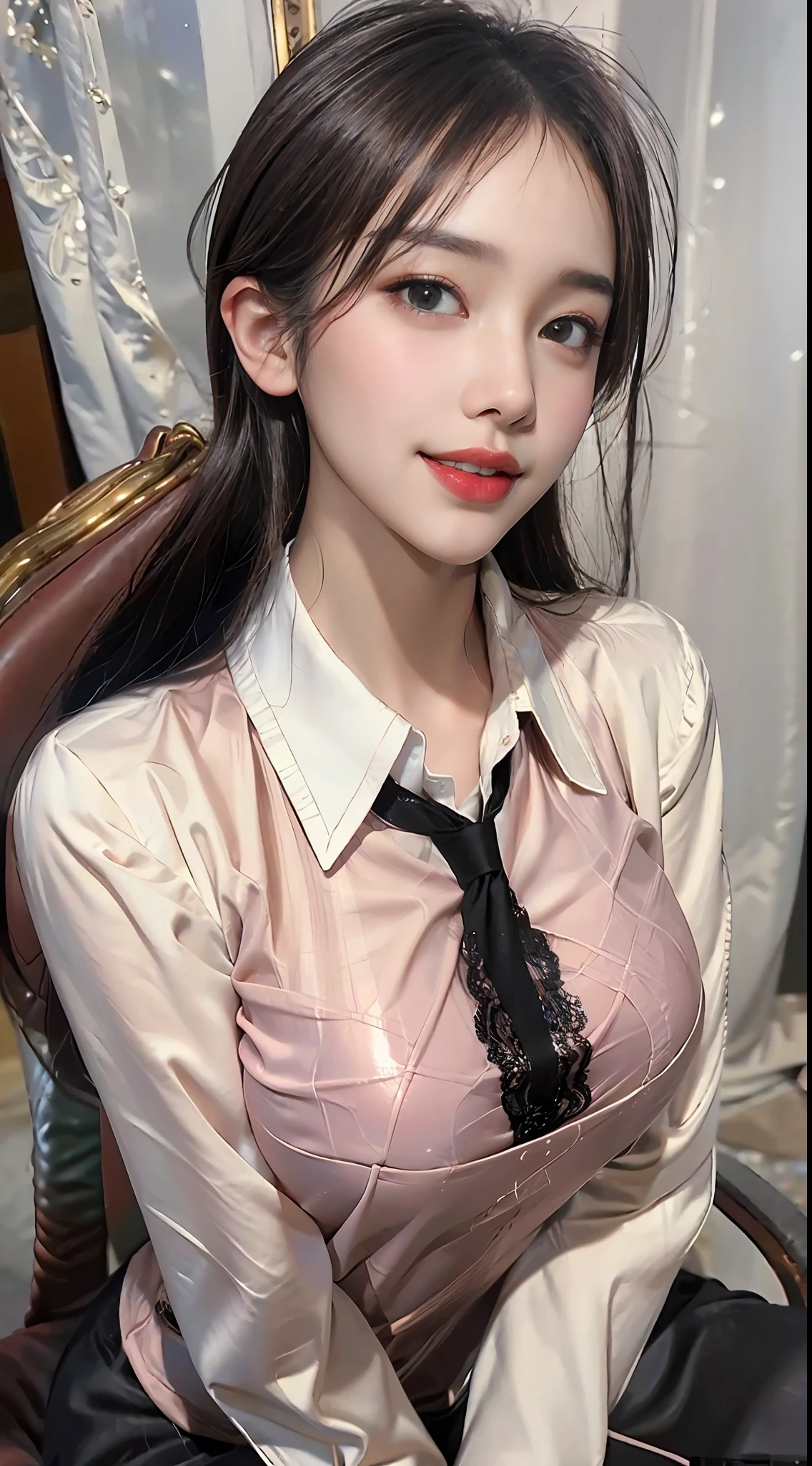 (8K, Best quality, Masterpiece:1.2), (Realistic, photo-realistic:1.37), Ultra-detailed, 1 girl,Solo,Beautiful detailed sky,Detailed Cafe,Night,Sitting,dated,(nose blush),(Smile:1.15),huge tit,Beautiful detailed eyes,(Collared shirt:1.4),Wet,Business attire, rain,White lace,Floating hair NovaFrogStyle,