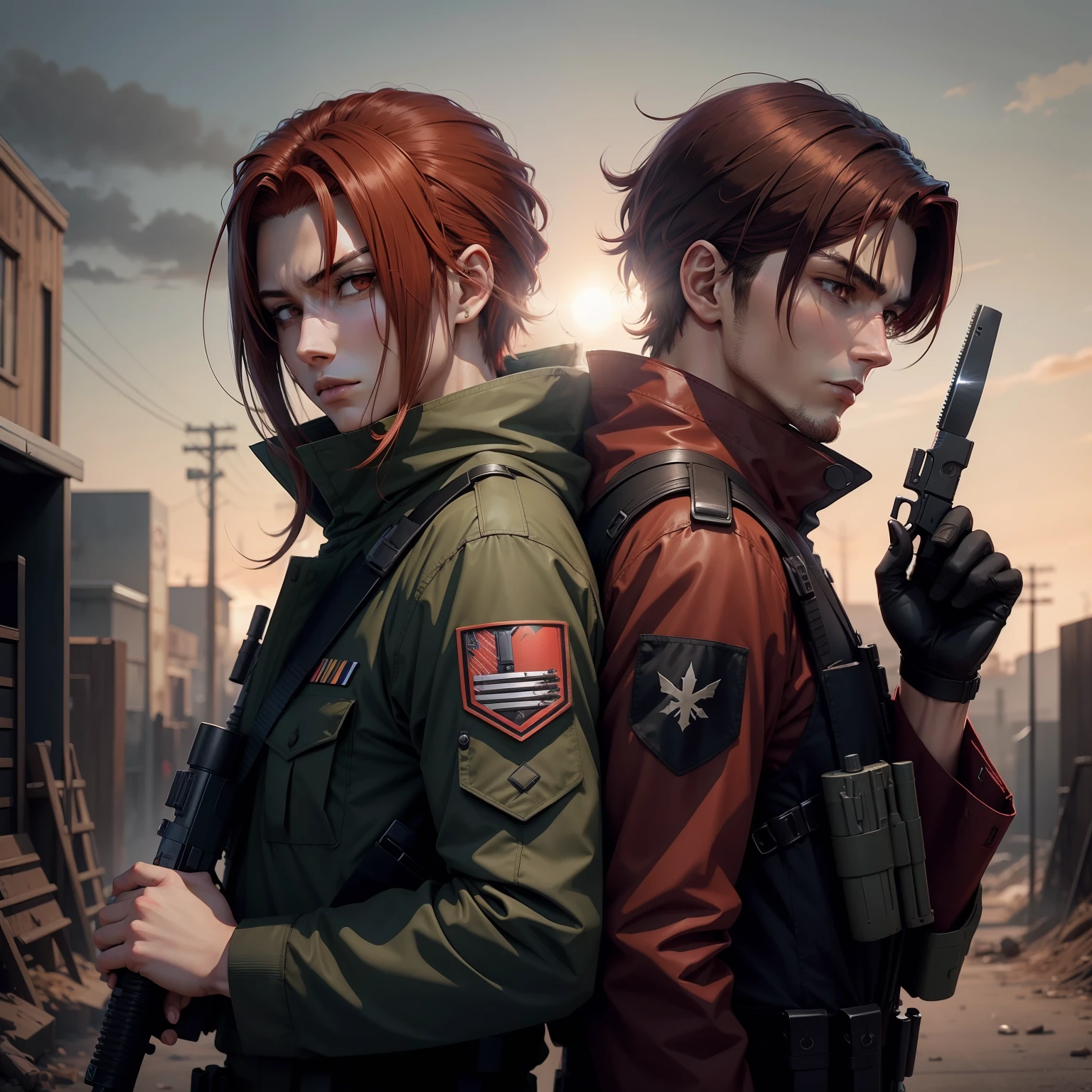 Men with dark red hair anime sniper clothes black eyes Anime Full military clothes sniper on the back and knife in hands
