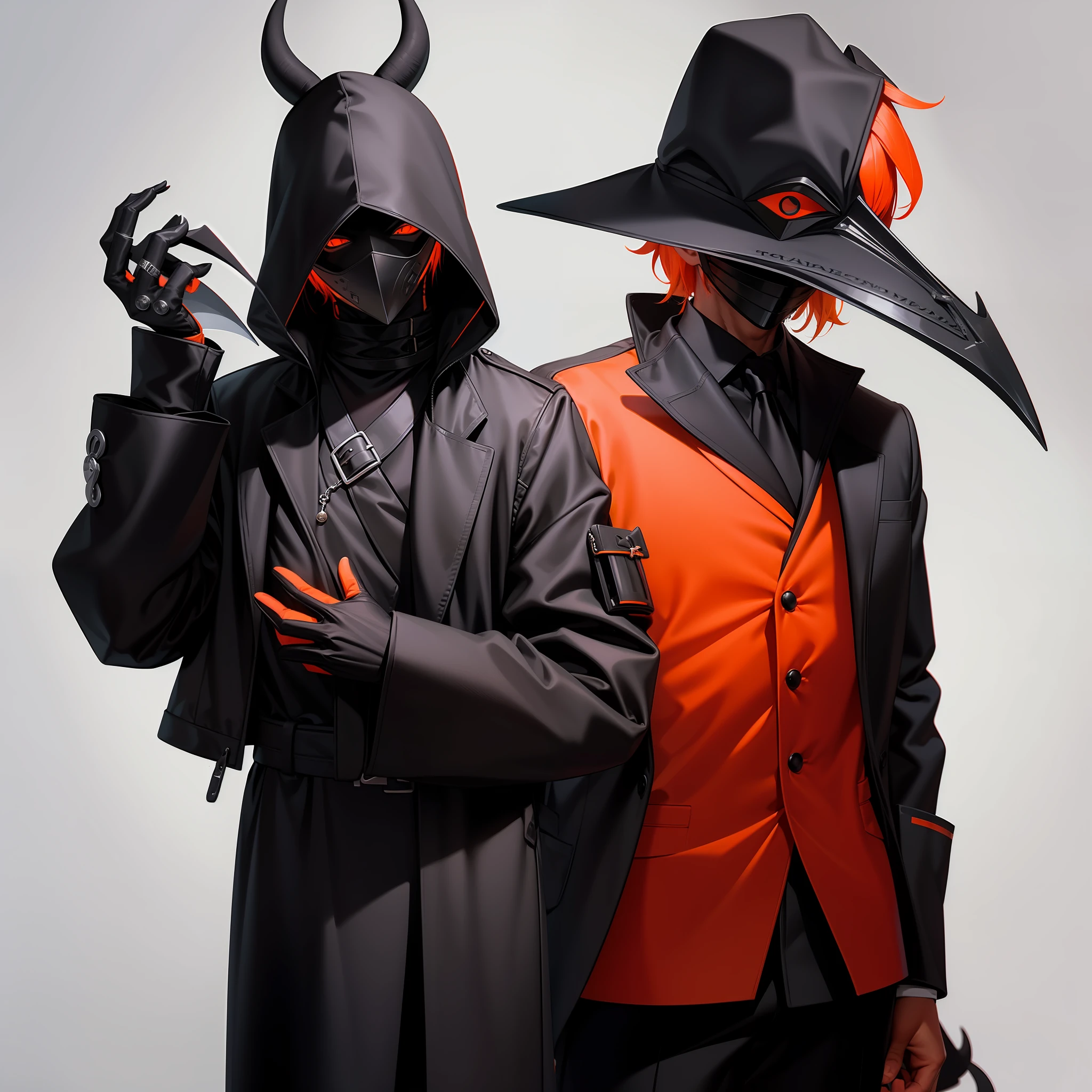e devil with full black skin wearing a black jacket with short orange hair using a plague doctor mask, strong