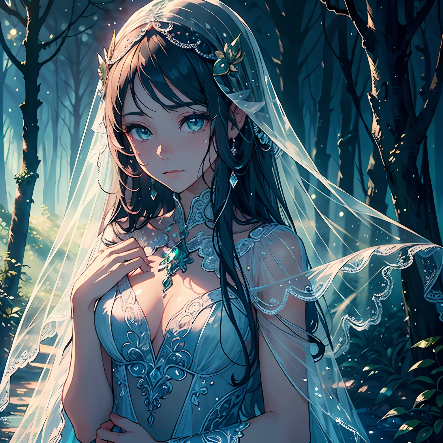 (masterpiece, best quality, ultra-detailed), magical, enchanting, intricate, floating, soft light, (1girl), veil, flowing hair, emerald eyes, delicate features, (tear drops:1.2), (etched heart:1.3), ethereal, (twilight sky:1.2), misty forest.