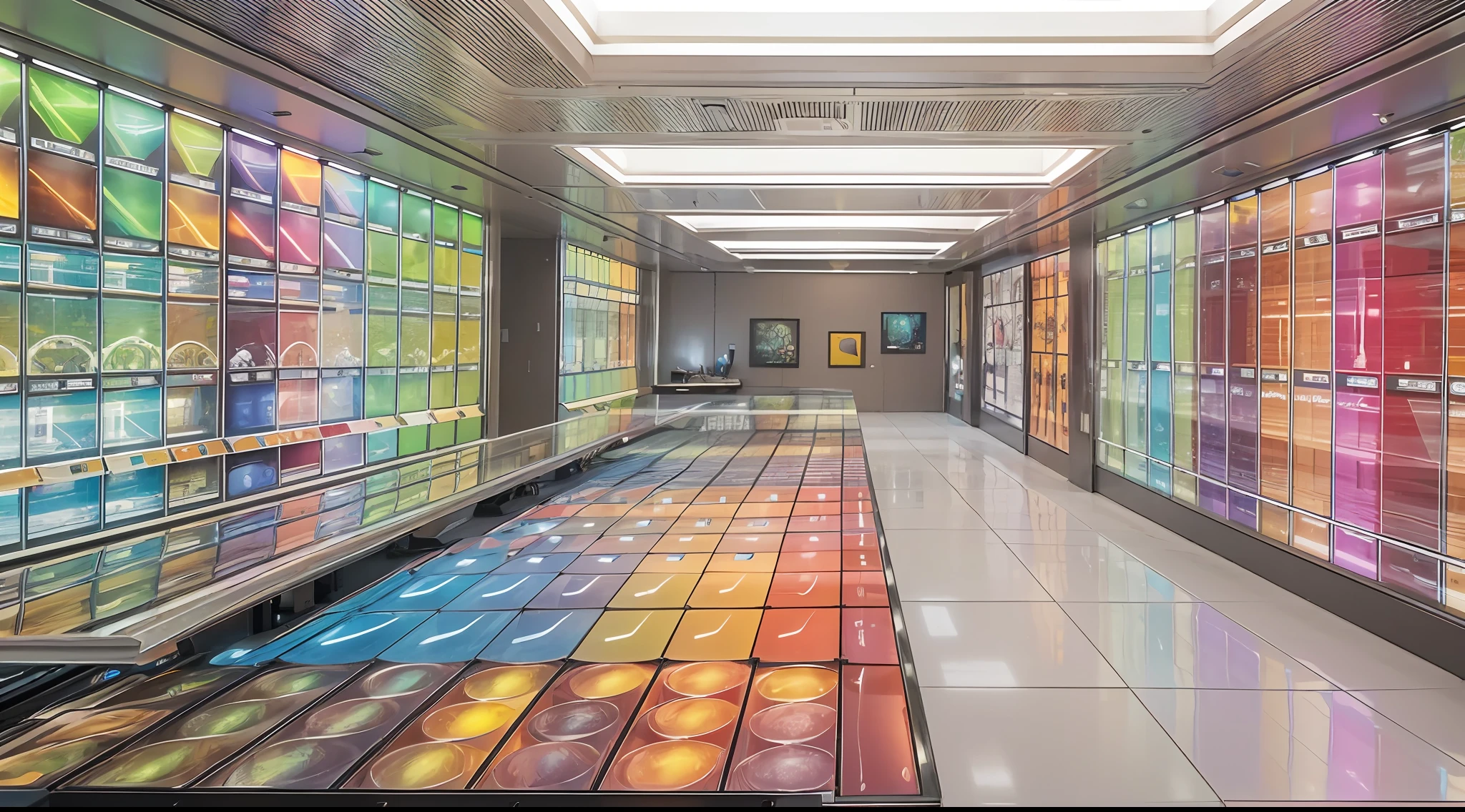 Indoor rectangular space,,Narrow and deep space, A 3-meter-tall,Colorful and bright,Pigment Museum,Immersive feeling, A large number of paint tubes on the walls on both sides form a huge neat artistic array,Inside are some LED screens,Showcasing the history of Marley brand pigments,Many colored arrays on the wall,Colorful colorful,Rainbow,, 8K high accuracy,concept design,Cinematic level,Interior showroom design,High detail,high-tech feel, Futuristic style, LCD screen and digital interactive technology,Some LEDs and history display bars on the wall, The top surface is specular,A beautiful space that forms infinite reflections,concept design,8K, Bright and clean,