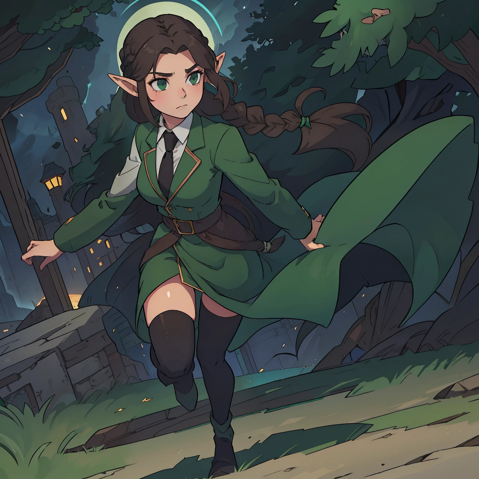 Eyes: emerald green, Hair: Long, silky, and dark brown ties her hair into a practical but stylish braid, Build: Slender and agile, with a toned physique, Height: 5 feet 8 inches, Complexion: Fair, with a hint of elven ancestry reflected in her slightly pointed ears,Half-Elf,Rogue(full body)