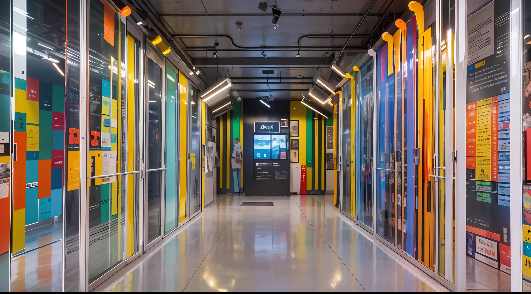 Indoor rectangular space,,Narrow and deep space, A 3-meter-tall,Colorful and bright,Pigment Museum,Immersive feeling, A large number of paint tubes on the walls on both sides form a huge neat artistic array,Inside are some LED screens,Showcasing the history of Marley brand pigments,Many colored arrays on the wall,Colorful colorful,Rainbow,, 8K high accuracy,concept design,Cinematic level,Interior showroom design,High detail,high-tech feel, Futuristic style, LCD screen and digital interactive technology,Some LEDs and history display bars on the wall, The top surface is specular,A beautiful space that forms infinite reflections,concept design,8K, Bright and clean,
