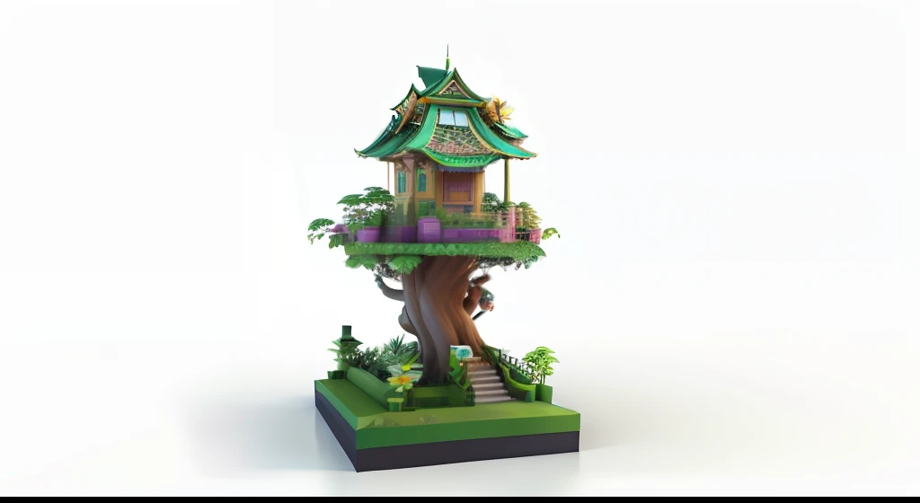 There is an aviary，A bird sits on a tree, stylized 3d render, stylized as a 3d render, filled with plants and habitats, cute 3 d render, depicted as a 3 d render, 3 d render stylized, the flower tower, 3 D 插图, 3D illustration, high res render, floral jungle treehouse, 3d rendered model