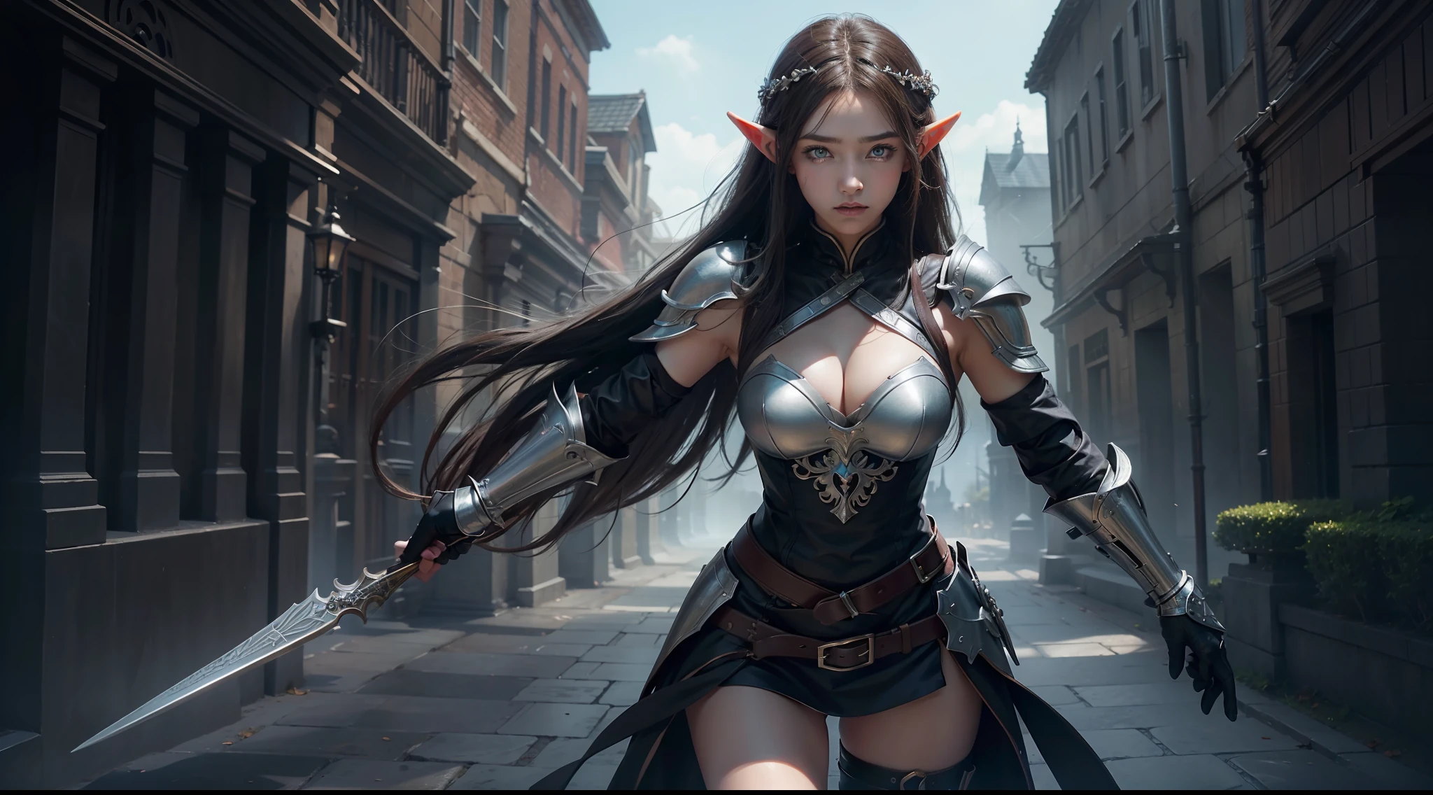 （Award-winning digital artwork：1.3） af （sketching：1.3），（with dynamism：1.3），（Saturation：1.3），（Close portrait：1.3），（femele：1.4），（big breasts beautiful： 1.4),(carismatic:1.3),Female elf，Leather armor，Perfect Detailed Eyes，magia，battleground background，Large breasts，complex patterns，Film filter, ，dramatics，dynamicposes，illusory engine， (High detail: 1.9)，full body shot shot