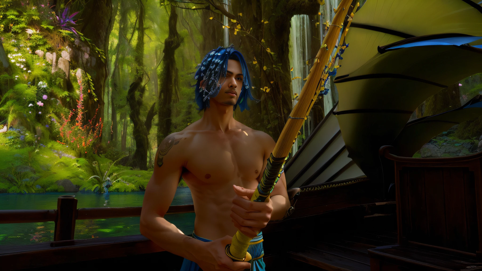 There's a man with blue hair holding a yellow fishing rod, empunhando uma espada assassina, Empunhando uma espada Keris, Careca Macho Swashbuckler, segurando uma espada colossal, segurar espada na floresta, holding a magic staff, empunhando kunai, holding a two-handed sword, meio-elfo macho, segurando uma espada gigante, segurando uma espada de fantasia, super detalhado, Ultra Definition, corpo ressaltado e sexy, estilo ultra realista