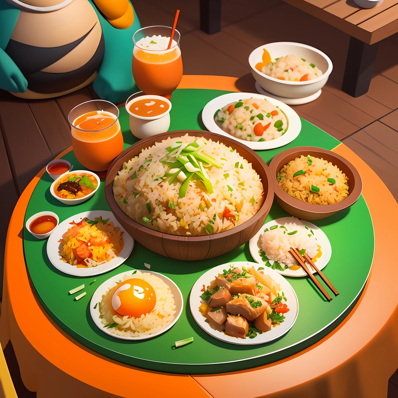Cartoon style, game scene atmosphere map, Pixar style, orange aroma, several plates of food on the table, fried rice with green onion and egg, braised pork, steamed fish, glass drink cup, restaurant for the night, casual play style, low poly, lowpoly, best detail, 3d, masterpiece, best quality, Unreal Engine, cartoon rendering, 8K