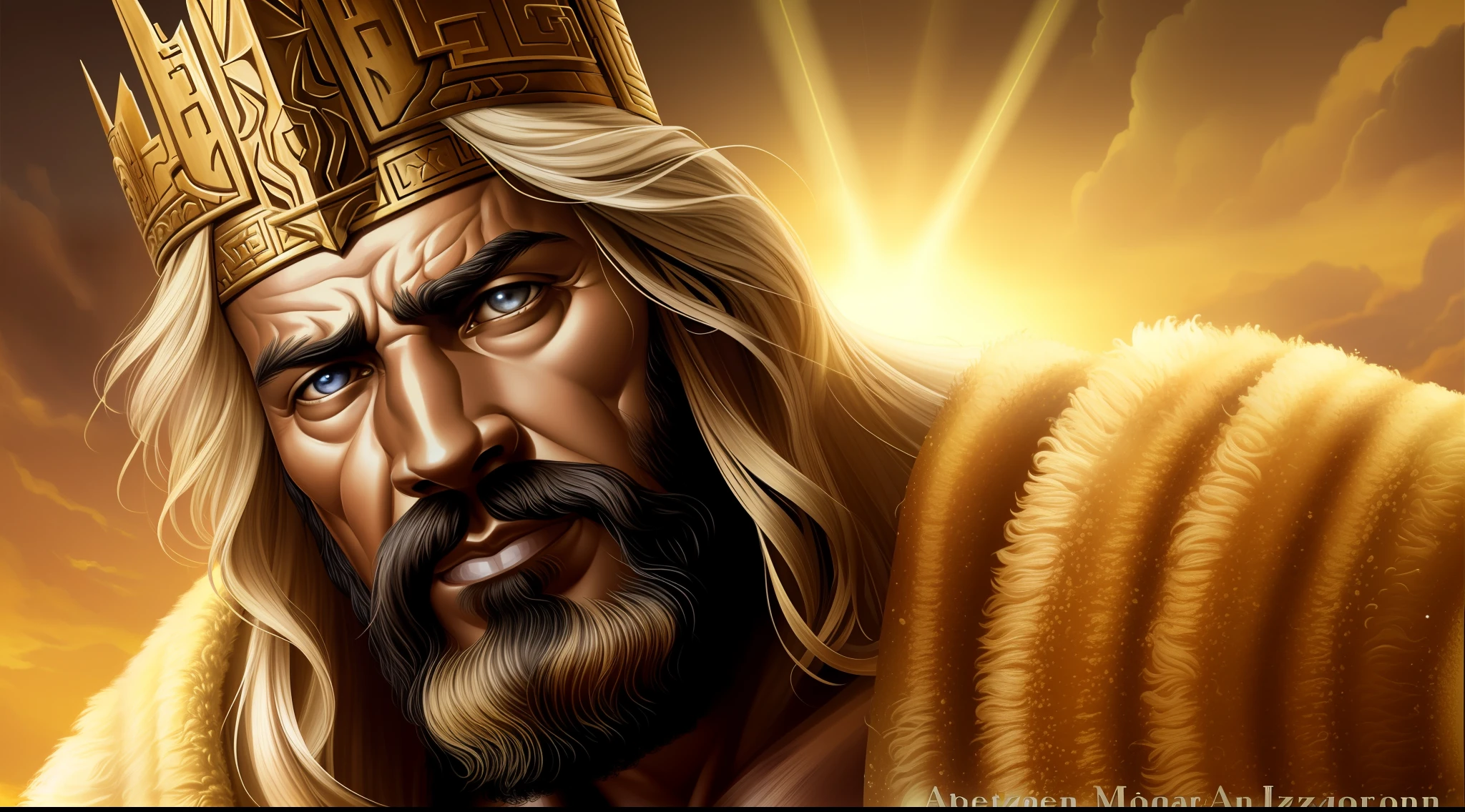 Image of Nebuchadnezzar, King of Babylon, (face focus: 1.2), out of it, looking at the viewer, realistic, masterpiece, highest quality, backlight, (lens flare:1.1), (bloom: 1.1), (chromatic aberration:1.1), by Jeremy Lipking, by Antonio J. Manzanedo