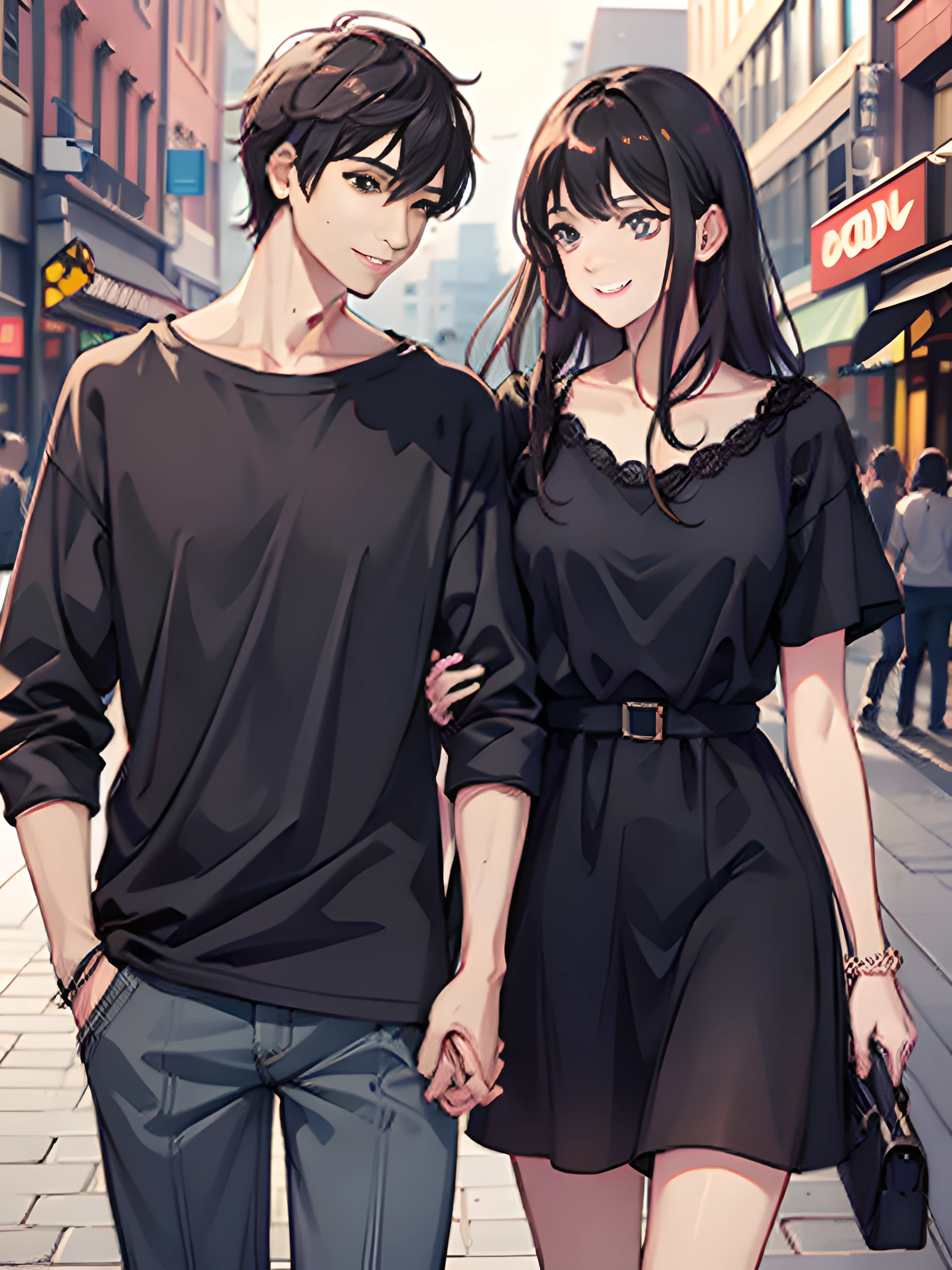 masterpiece, best quality, 2others, couple, 1man with 1woman, mature, adult, Height difference, different fashion, different color, finely detailed eyes and detailed face, intricate details, casual clothes, oversized shirt, modern urban street, holding hands, smile, happy, love