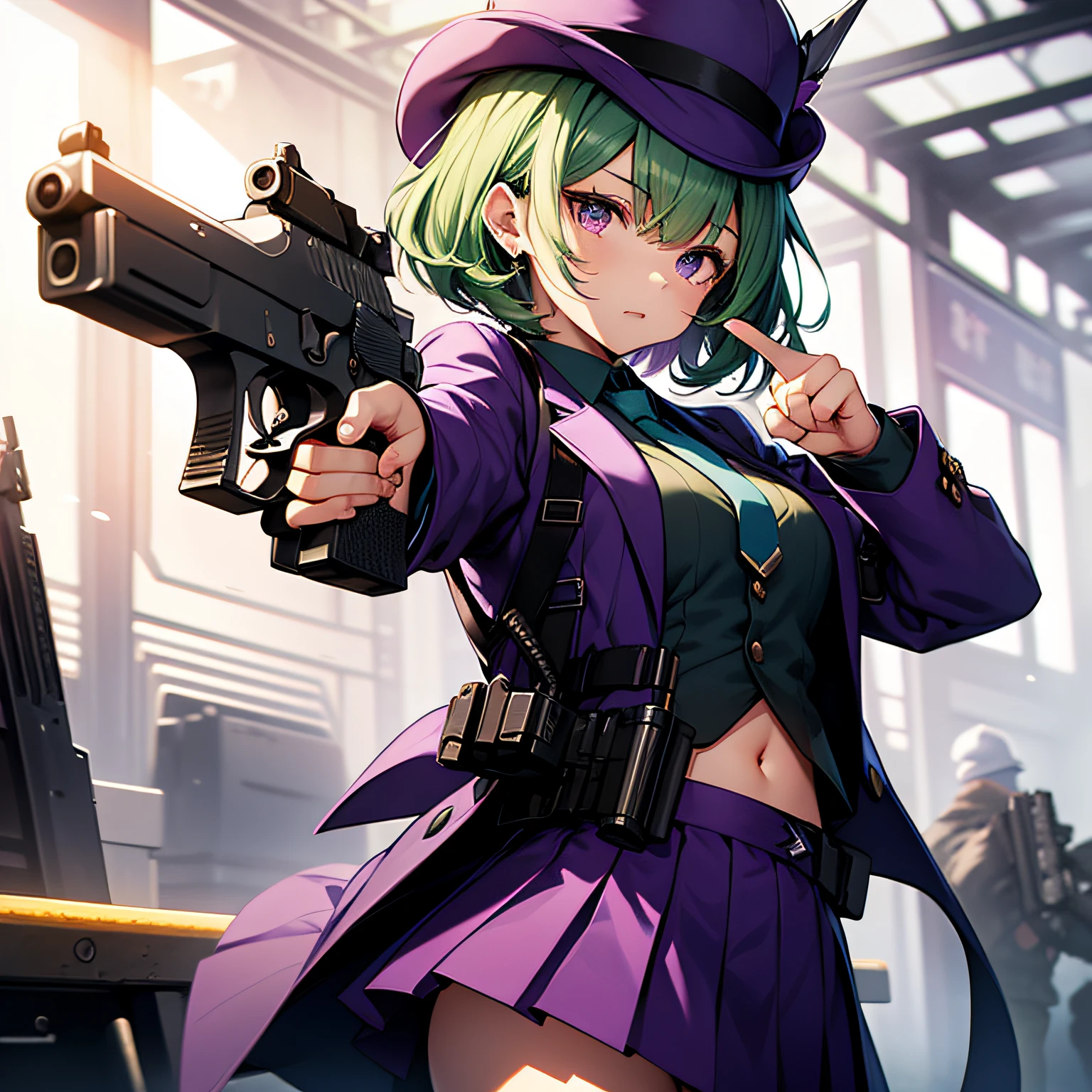 top-quality、extremely delicate and beautiful、(A teenage girl)、Purple Eye、Green hair、short-haired、(Purple pointy hat)、Purple tie、Soio、shortsleeves、Purple skirt、Navel,Tactical Vest、shortsleeves、Purple skirt、(Holding a pistol in his right hand)、((Pointing the gun to the front))