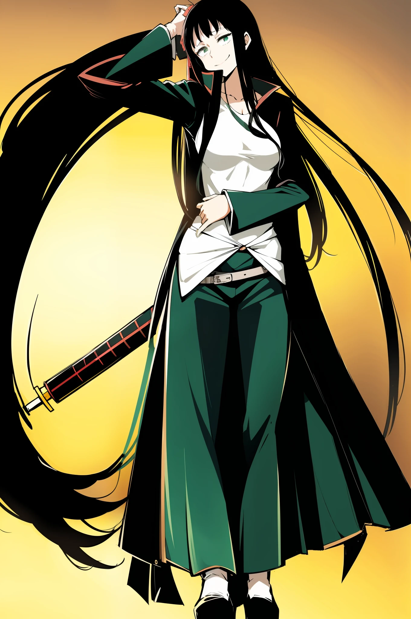 koumori_kuroko, black hair, hime cut, walking,pants, long hair, medium breast, 1girl, cloak, blacl cloths,, medieval, smile, green eyes