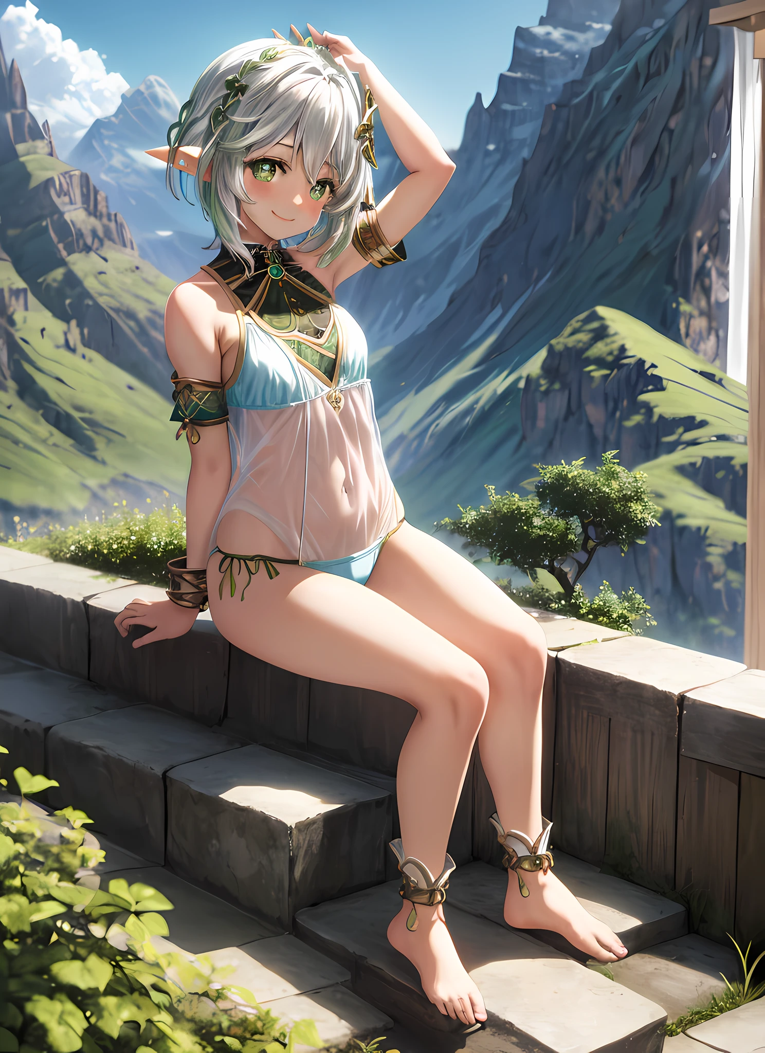 nahida, sitting, Smile, blusher, exteriors, Day, Simple background, arm up, blue skies, Short hair, skye, temple, looking a viewer, sitting on a staircase, mountain, moody lighting, bottomwear, panty, bathing suit, confusion, bare body, green colored eyes, pixie, pretty, waifu, elf ears,