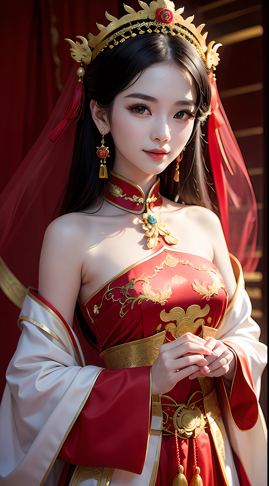 (8k, RAW photo, best quality, masterpiece: 1.2), (realistic, realistic: 1.37), 1 girl, Aalfi woman posing in red dress and headdress, gorgeous cosplay, beautiful costume, traditional Chinese bridal dress, complex dress, complex costume, traditional beauty, gorgeous Chinese model, Chinese costume, inspired by Lanying, wearing gorgeous costume, inspired by Puhua, wearing elegant Chinese Xiuhe dress, Chinese wedding dress, phoenix crown xia, antique bride, xiuhe dress , close-up, close-up, smile, complex dragon and phoenix patterns