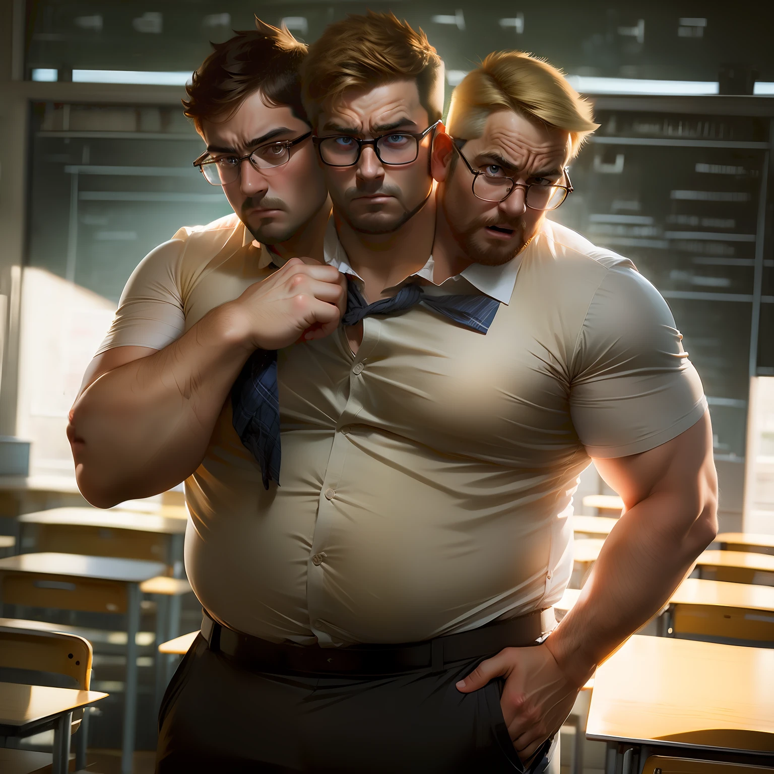 (((2heads))), chubby man,32 years old, schoolteacher, blonde,  brown hair, blonde, thick rimmed glasses, classroom background, armpitsshowing, angry expression, rosy cheeks, pants ripping