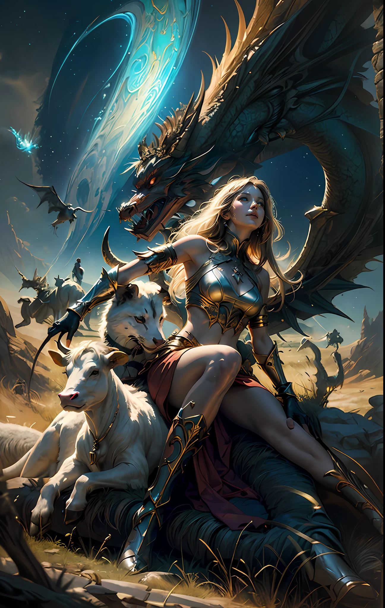 Blonde woman sitting on a rock，There are dragons and sheep, Fantasy art Behance, artgerm julie bell beeple, tyler edlin fantasy art, karol bak and peter mohrbacher, detailed fantasy art, Epic fantasy art style, Epic fantasy digital art style, Epic fantasy style art, graphic artist magali villeneuve, Epic fantasy art style HD