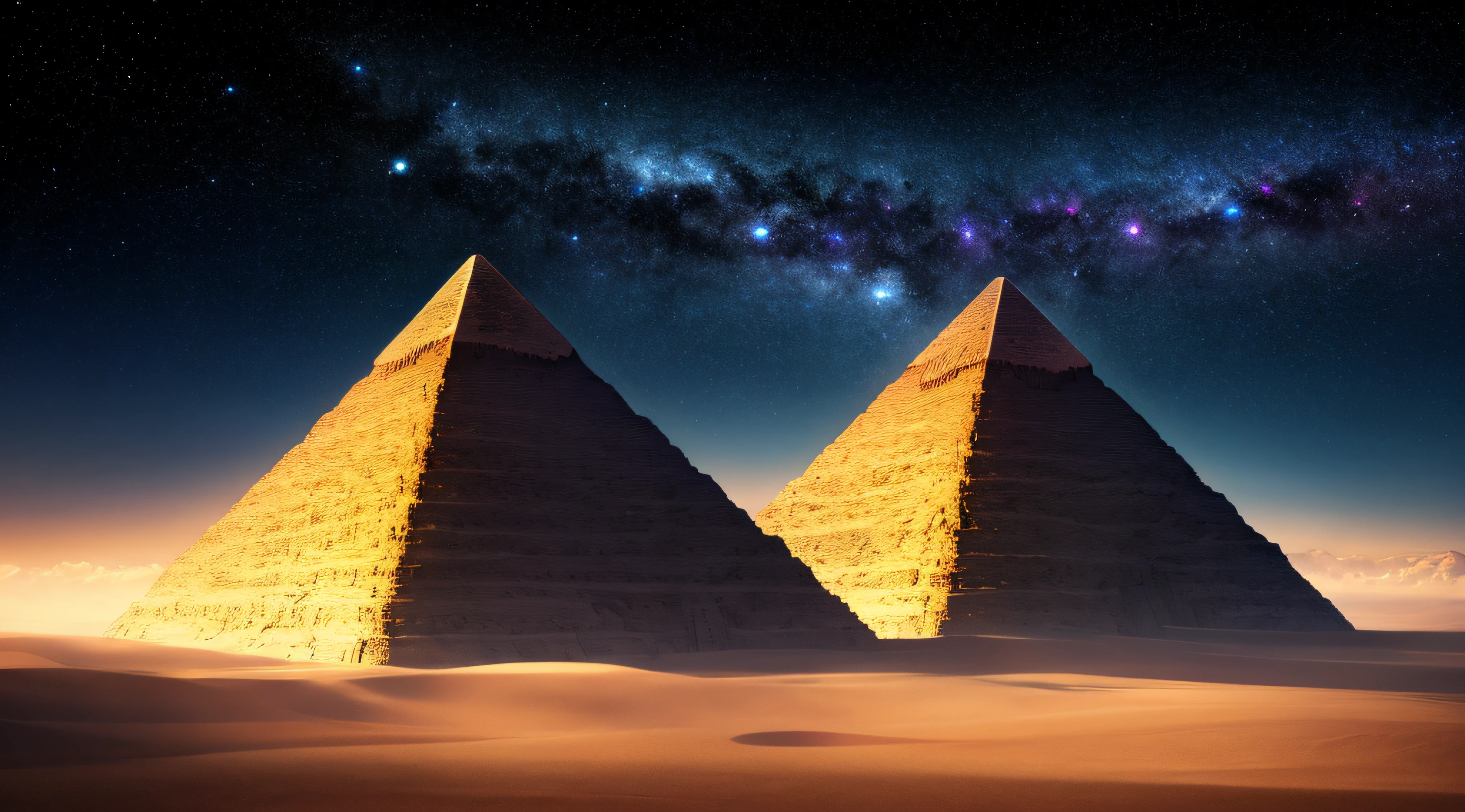 masterpiece, best quality, high quality, extremely detailed CG unity 8k wallpaper, Depth of Field, HDR, Photorealistic, extremely detailed, Intricate, High Detail, pyramid on an alien planet showing a night sky with multiple galaxies, deep space, astronomical objects