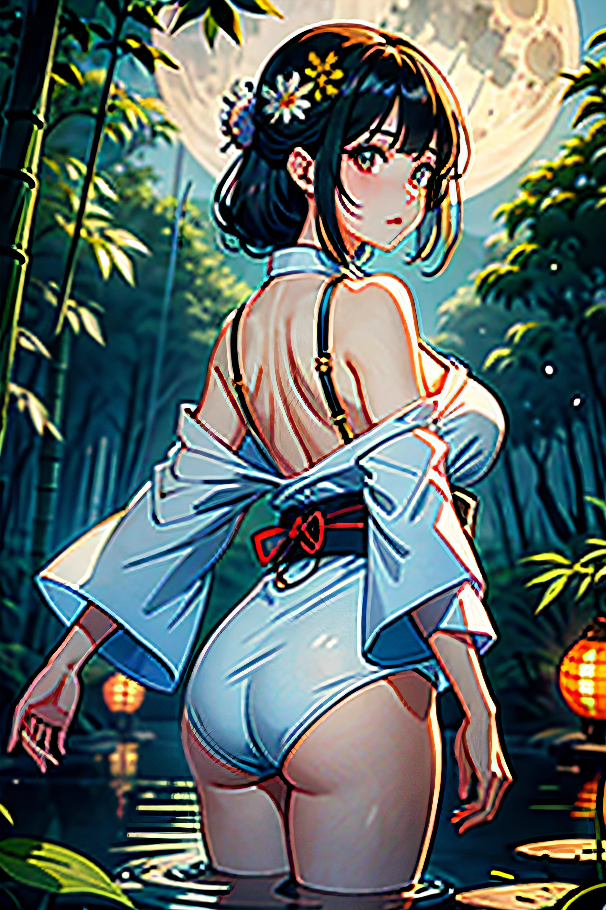 1girll, nedium breasts, themoon, lanterns, late, 独奏,big cleavage breasts, hair adornments, brown hair,dampness, komono, Japanese clothes, wading, Eau, Hair flowers, florals, exteriors, Skysky, moon full, Sateen, brunette color hair, Not shoulders, mont, clouds, halter,Japanese Katana Sword, obi strip, exposed bare shoulders, paper lanterns, standing on your feet,Aggressive stance, Kimono with white, nigh sky, Side Chest, Look up,obi strip, wetclothes, By bangs, The tree, From the side Side, Reflectors, short detailed hair, Full moon sky, Wet hair,bamboo forest background(((tmasterpiece),(Very detailed CG unity 8k wallpaper),best qualtiy,独奏,1girl,cinmatic lighting,detailed back ground,beatiful detailed eyes,Bright pupils,(very fine and beautiful),(Beautiful and detailed eye description),ultra - detailed,tmasterpiece,)),