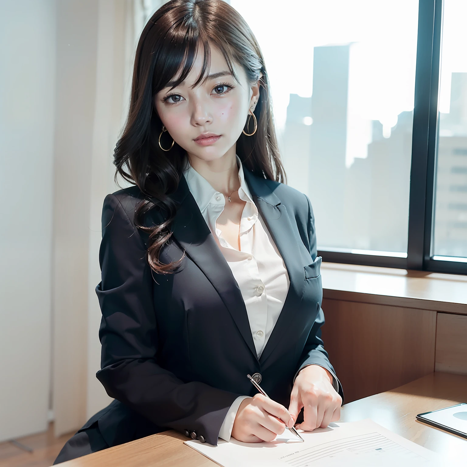 1girll，(Numerical portrait：Sun Ye-jin，Han Jiaren），黑The eye，Beautiful face，（Leptoskeleton face+s delicate face），hyperdetailed face，（Delicate Japanese makeup）， ssmile，looks into camera，（鎖骨：1.2），（mediuml breasts：1.21），（Natural breasts，Bumps），Long hair micro-curls，（Messy and layered， By bangs），Delicate stud earrings，Bust photo，（Royal sister，Raised sexy），Suit suit，White shirt，V-neck，（Slim figure），（（Hasselblad photograp）），office desk，workplace，secretary，Realistic photography， photon maping， physically-based renderingt，profesional lighting，exquisite detailing，8k wallpaper