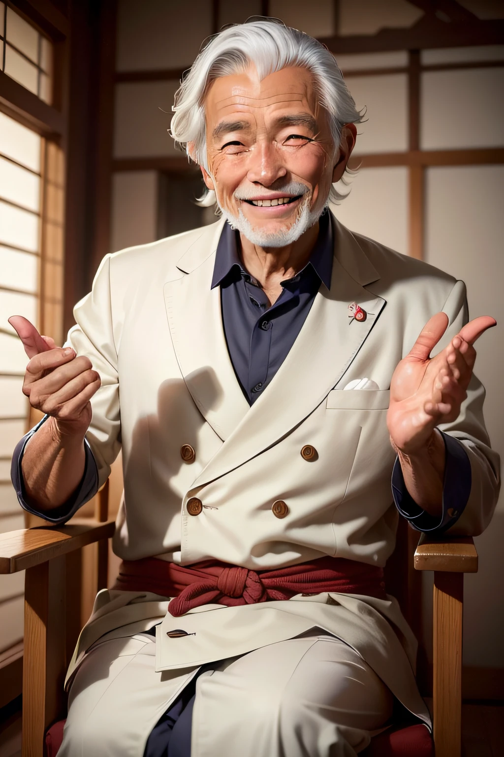 Por favor, Generate an image of an elderly Japanese man smiling. He has distinct traits of an elderly Japanese, como rugas suaves ao redor dos olhos e da boca, a pele possui um tom quente de marrom claro. Her silver hair is combed back in an elegant way. O homem tem olhos enrugados e expressivos, com pequenas rugas se formando ao redor deles quando sorri. His smile is friendly and warm, radiating a sense of serenity and wisdom accumulated over the years. He's wearing a suit. The image captures the tranquility and genuine joy of the old man as he smiles.