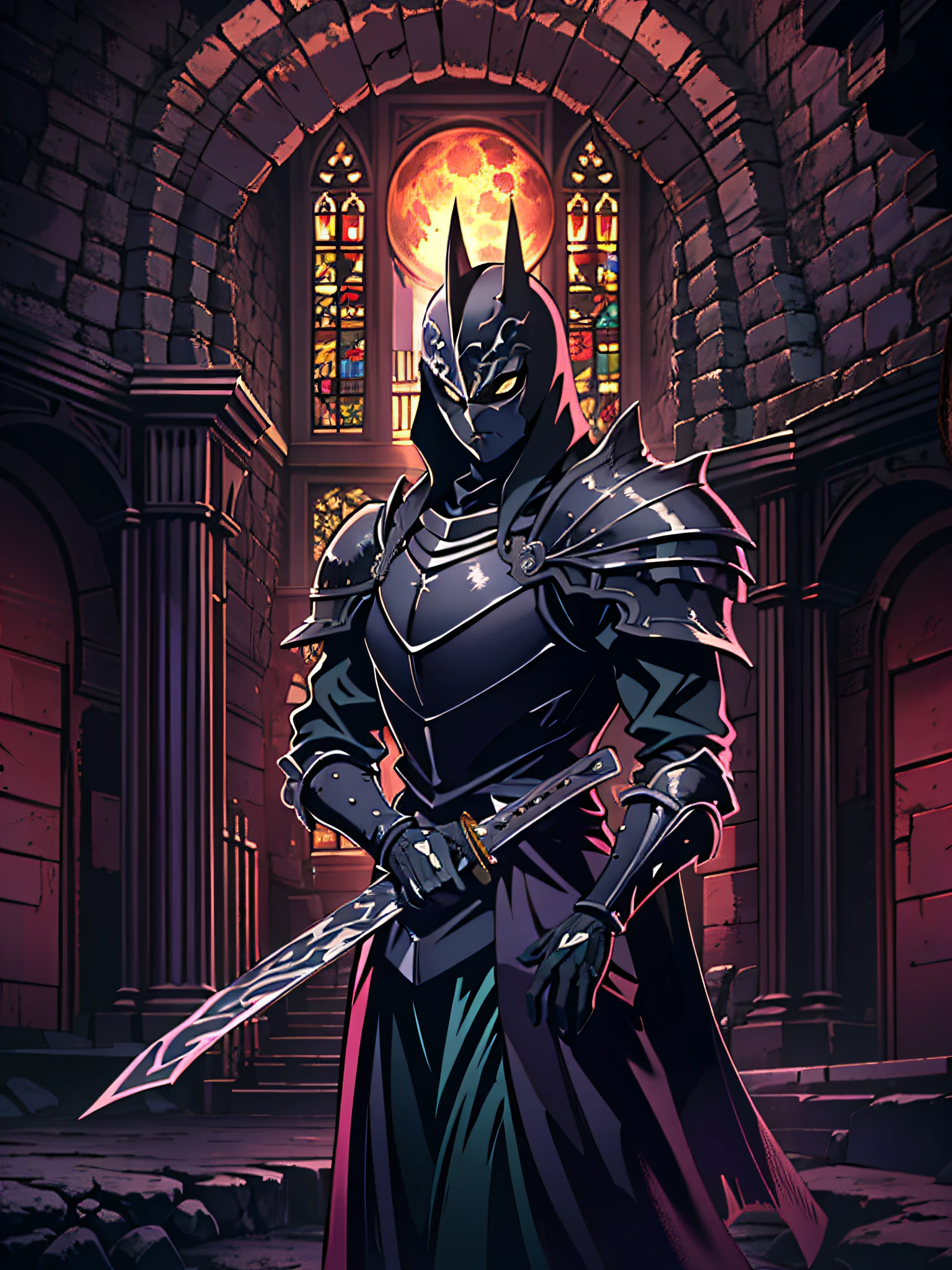 Neste design realista em 4K para uma camiseta, temos a figura de um Cavaleiro ?????, imponente e misterioso. He's standing, in front of a dark, gothic castle, em uma noite enluarada. Her skin is brown, and her straight hair is white, contrastando com seus olhos amarelos penetrantes. The Black Knight is wearing black armor, that shines subtly in the light of the moon, criando um efeito impressionante no design. His posture is confident and determined, demonstrating your strength and skill as a warrior. The setting of the Gothic castle at night creates a dark and enigmatic atmosphere, adding a touch of mystery and intrigue to the image. As torres do castelo se erguem majestosas ao fundo, enquanto a lua cheia brilha intensamente, iluminando levemente a cena. O fundo escuro, de cor intensa, destaca a figura do Cavaleiro ????? e os detalhes intricados de sua armadura. This choice of color palette adds a dramatic and exciting look to the T-shirt design. This realistic illustration of the Black Knight is perfect for printing a T-shirt, for it combines Gothic elements with the grandeur and mystery of the dark knight. It is an artistic representation that offers an engaging and striking visual experience, perfect for those who appreciate the allure of the gothic universe and mysterious characters.