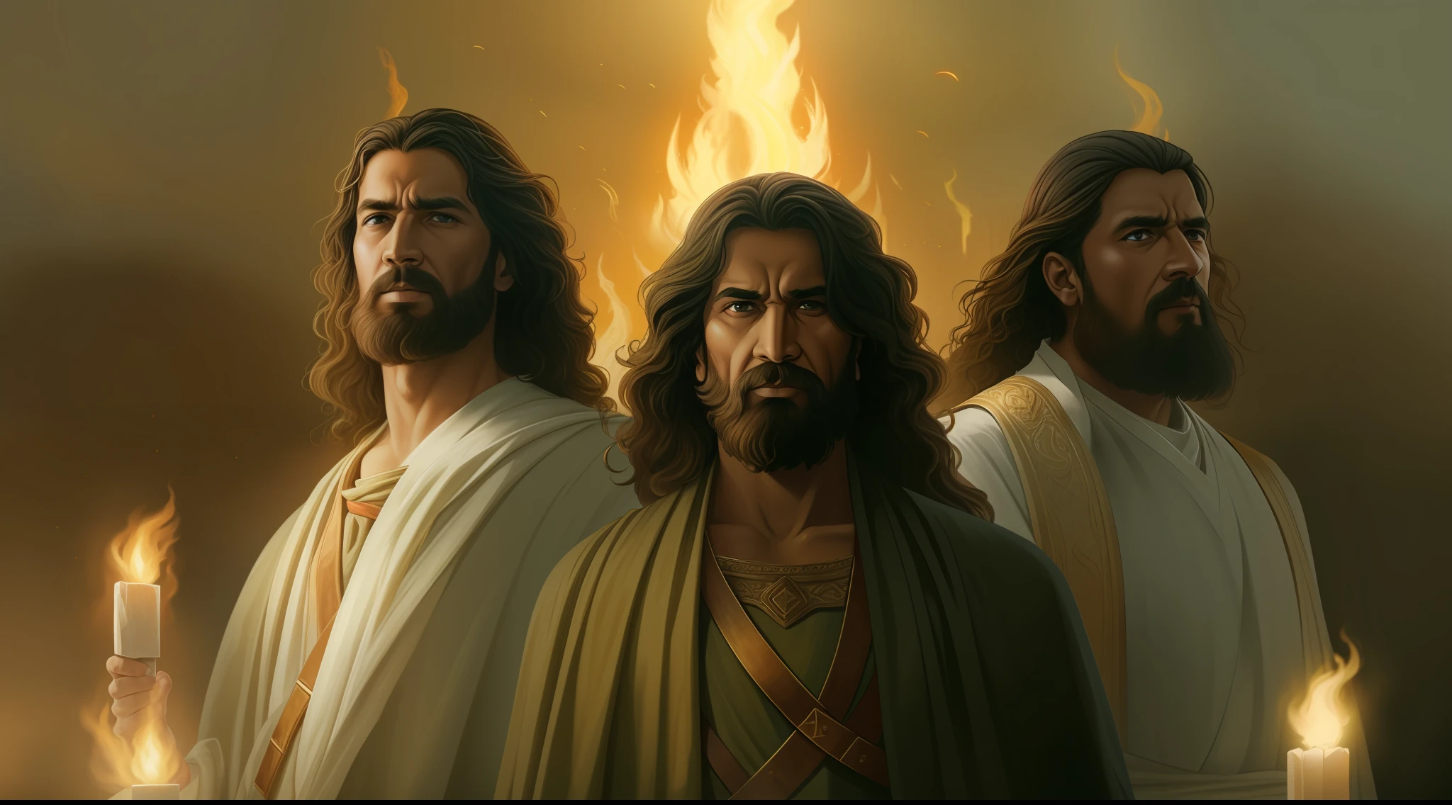 Image of the three prophets Shadrach, Meshach and Abednego, (face focus: 1.2), out of it, Looking at the Viewer, realistic, masterpiece, Very high quality, dark castle background, (Lens flare: 1.1), (bloom: 1.1 ), (chromatic aberration:1.1), Director: Jeremy Lipking, Director: Antonio J. Manzanedo