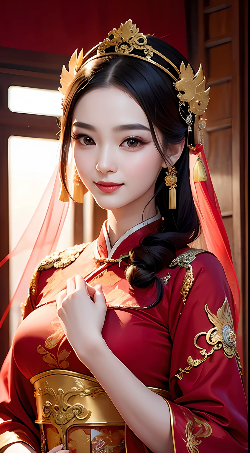 (8k, RAW photo, best quality, masterpiece: 1.2), (realistic, realistic: 1.37), 1 girl, Aalfi woman posing in red dress and headdress, gorgeous cosplay, beautiful costume, traditional Chinese bridal dress, complex dress, complex costume, traditional beauty, gorgeous Chinese model, Chinese costume, inspired by Lanying, wearing gorgeous costume, inspired by Puhua, wearing elegant Chinese Xiuhe dress, Chinese wedding dress, phoenix crown xia, antique bride, xiuhe dress , close-up, close-up, smile, complex dragon and phoenix patterns