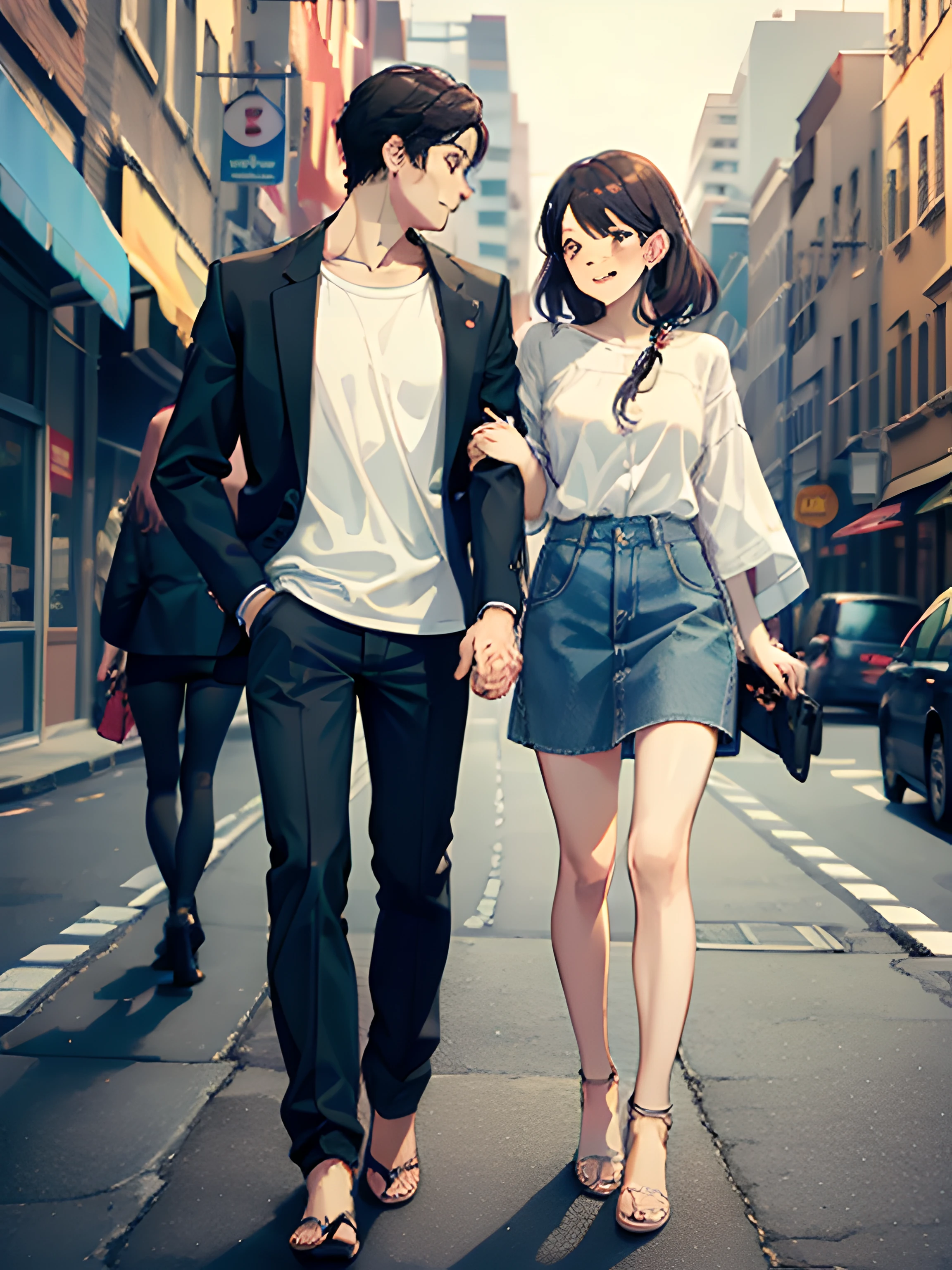 masterpiece, best quality, 2others, couple, 1man with 1woman, mature, adult, Height difference, different fashion, different color, finely detailed eyes and detailed face, intricate details, casual clothes, oversized shirt, modern urban street, holding hands, smile, happy, love