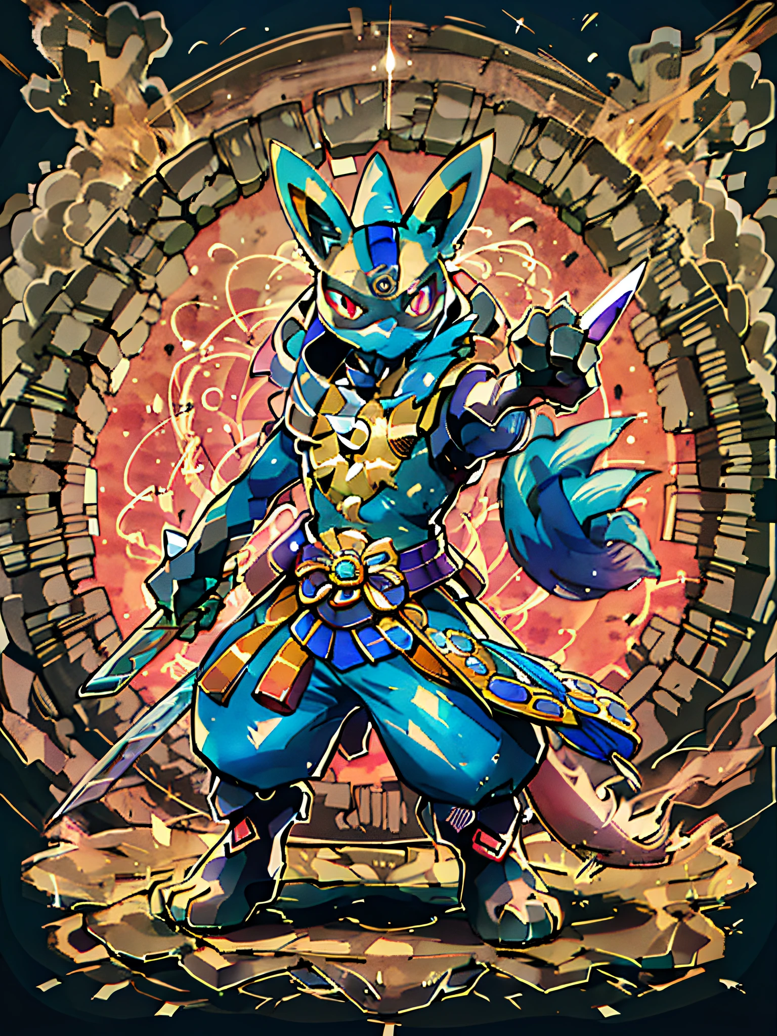 Neste design de camiseta impressionante, Lucario appears in a confident and serious pose, holding two Japanese swords in his skilled hands. Vestido com uma deslumbrante armadura dourada, He is the epitome of a formidable samurai warrior. The design has a circular shape that highlights the majesty of the Pokémon. Com sua postura imponente, Lucario radiates determination and courage. His focused eyes convey a remarkable intensity, evidencing your readiness to meet any challenge. A armadura dourada que ele veste reflete sua nobreza e habilidade em combate. Minute details of the armor are accurately displayed in the circular design, tornando-o uma verdadeira obra de arte. The black background highlights the central figure of Lucario and gives a touch of elegance and mystery to the ensemble. The enveloping darkness creates a dazzling contrast to the Pokémon's golden armor, further highlighting its grandeur. O design circular, in addition to enhancing the beauty of art, evokes a sense of continuity and unity, symbolizing the strength and balance that Lucario possesses on his journey as a samurai warrior. This illustration is perfect for printing a T-shirt, for it combines the grandeur of Lucario as a samurai warrior with the elegance and beauty of a circular design. It's an artistic depiction that celebrates the warrior spirit of the Pokémon., offering fans an immersive and striking visual experience.