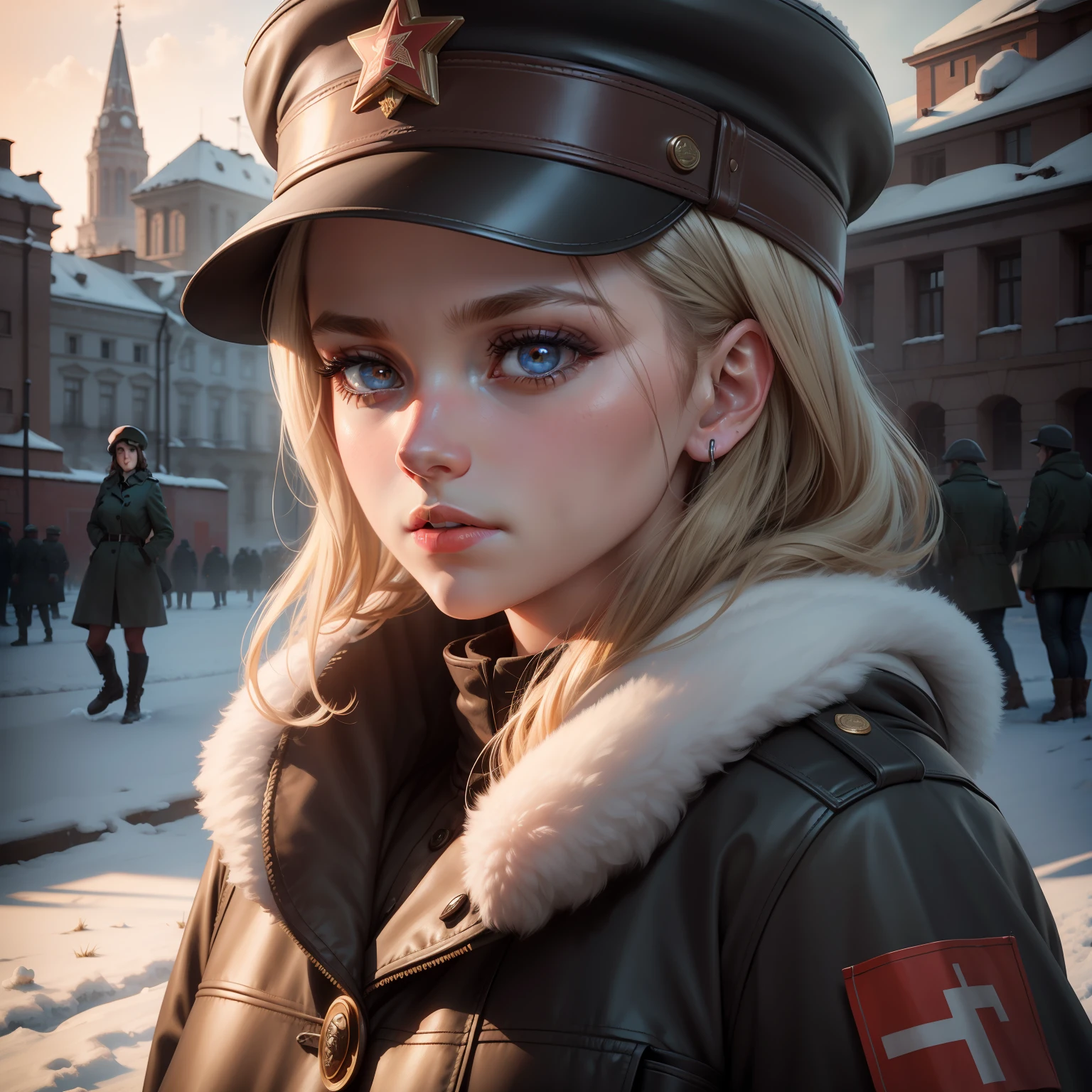 girl, face, 8k, realistic shadow, dynamic light, face, soviet, SOVIET UNION, USSR, hyper detailed, super detailed, high quality, crystalline eyes, high realism, detailed shadows, detailed light, cold, soviet hat, soviet outfit, 40's clothes