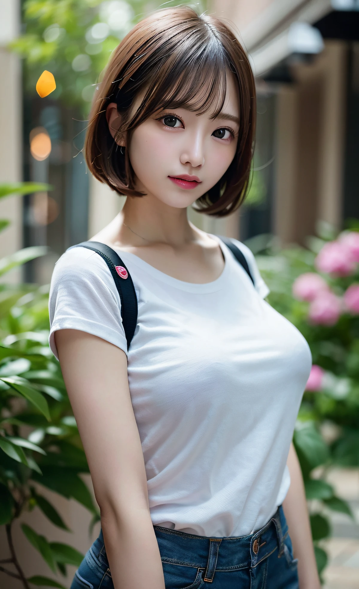 8K,Professional Lighting ,超A high resolution ,(photographrealistic: 1.3) ,kawaii , (tits out:1.1) ,vivid flowers ,Crisp T-shirt ,Detailed face ,bob cuts ,(((Asymmetry))) ,